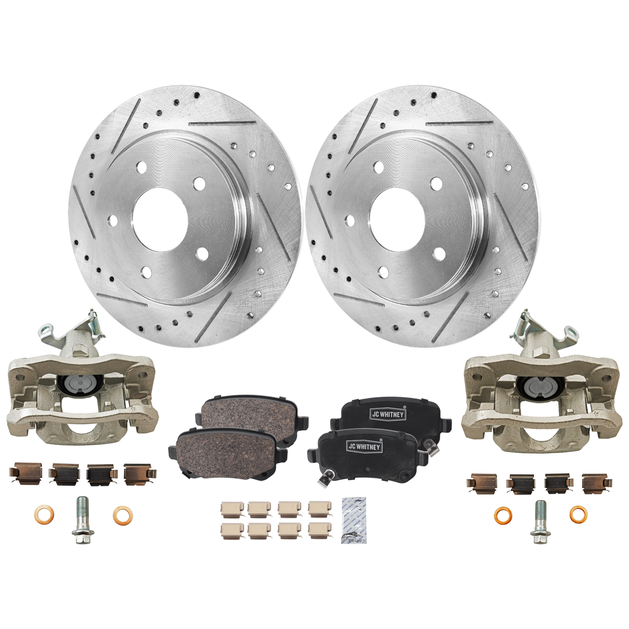 AM JOURNEY 09-12 REAR BRAKE KIT WITH CALIPERS 2 Wheel Set Includes 2 Brake Caliper 2 Brake Disc and 1 Brake Pad Set Cross drilled and Slotted 5 Lugs Ceramic SKU KIT 020525-09 OEM 19302-43167-43538-53050-63052