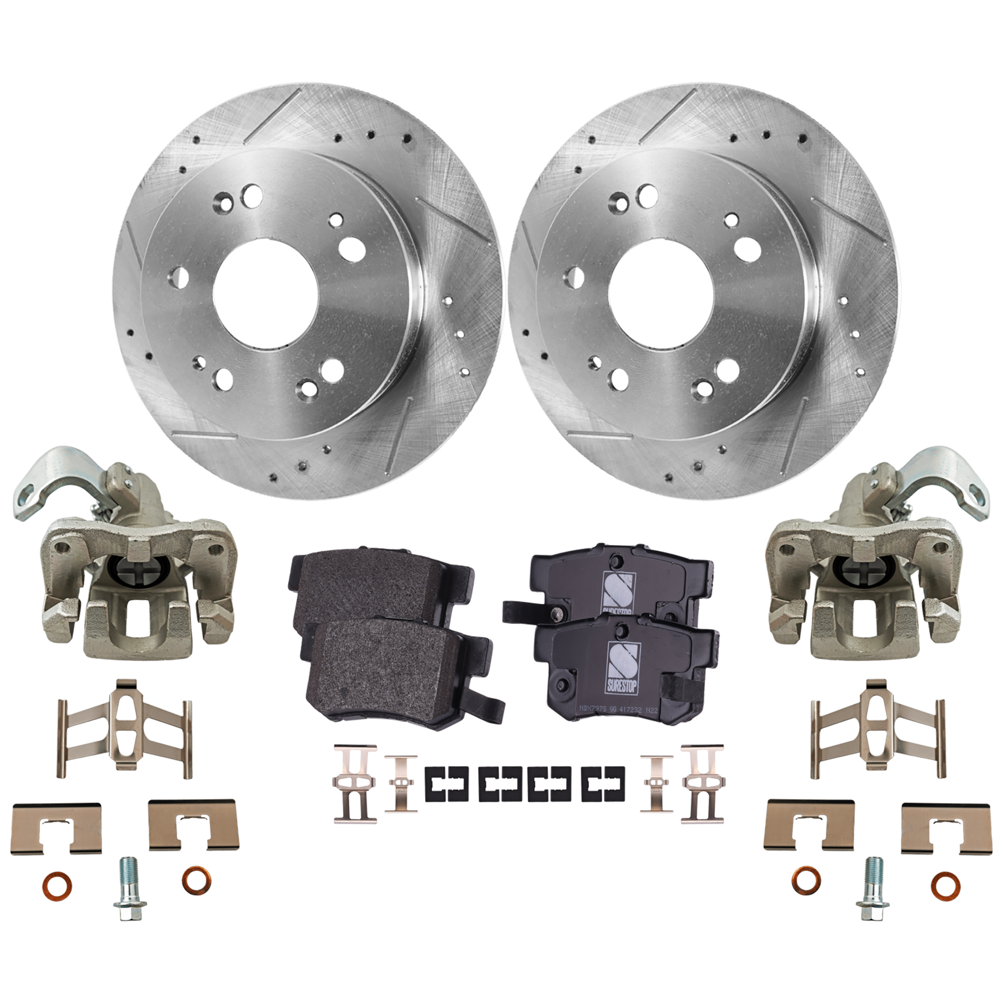 AM CIVIC 06-15 ILX 15-15 REAR BRAKE KIT WITH CALIPERS 2 Wheel Set Includes 2 Brake Caliper 2 Brake Disc and 1 Brake Pad Set Cross drilled and Slotted 5 Lugs Cast Iron Ceramic SKU KIT 020525-19 OEM 31227-31420-108400-145159