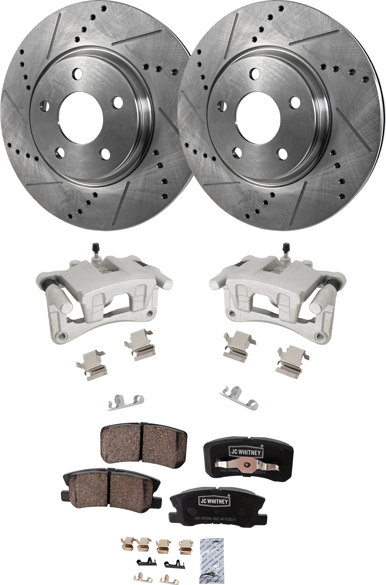 AM COMPASS 09-17 LANCER 08-11 REAR BRAKE KIT WITH CALIPERS 2 Wheel Set Includes 2 Brake Caliper 2 Brake Disc and 1 Brake Pad Set Cross drilled and Slotted 5 Lugs Ceramic SKU KIT 020525-22 OEM 43172-53043-900750-60039024-53