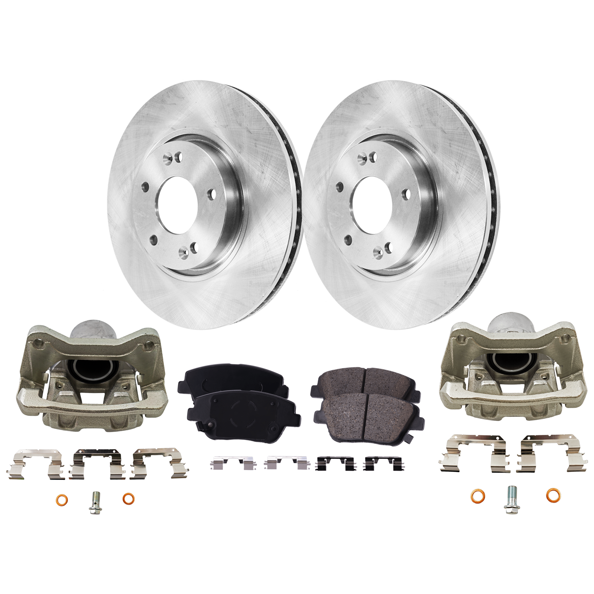 AM OPTIMA 11-16 SONATA 12-15 FRONT BRAKE KIT WITH CALIPERS 2 Wheel Set Includes 2 Brake Caliper 2 Brake Disc and 1 Brake Pad Set Plain Surface 5 Lugs Cast Iron Ceramic SKU KIT 020525-23 OEM 517123K100-581013QA10-581013QA