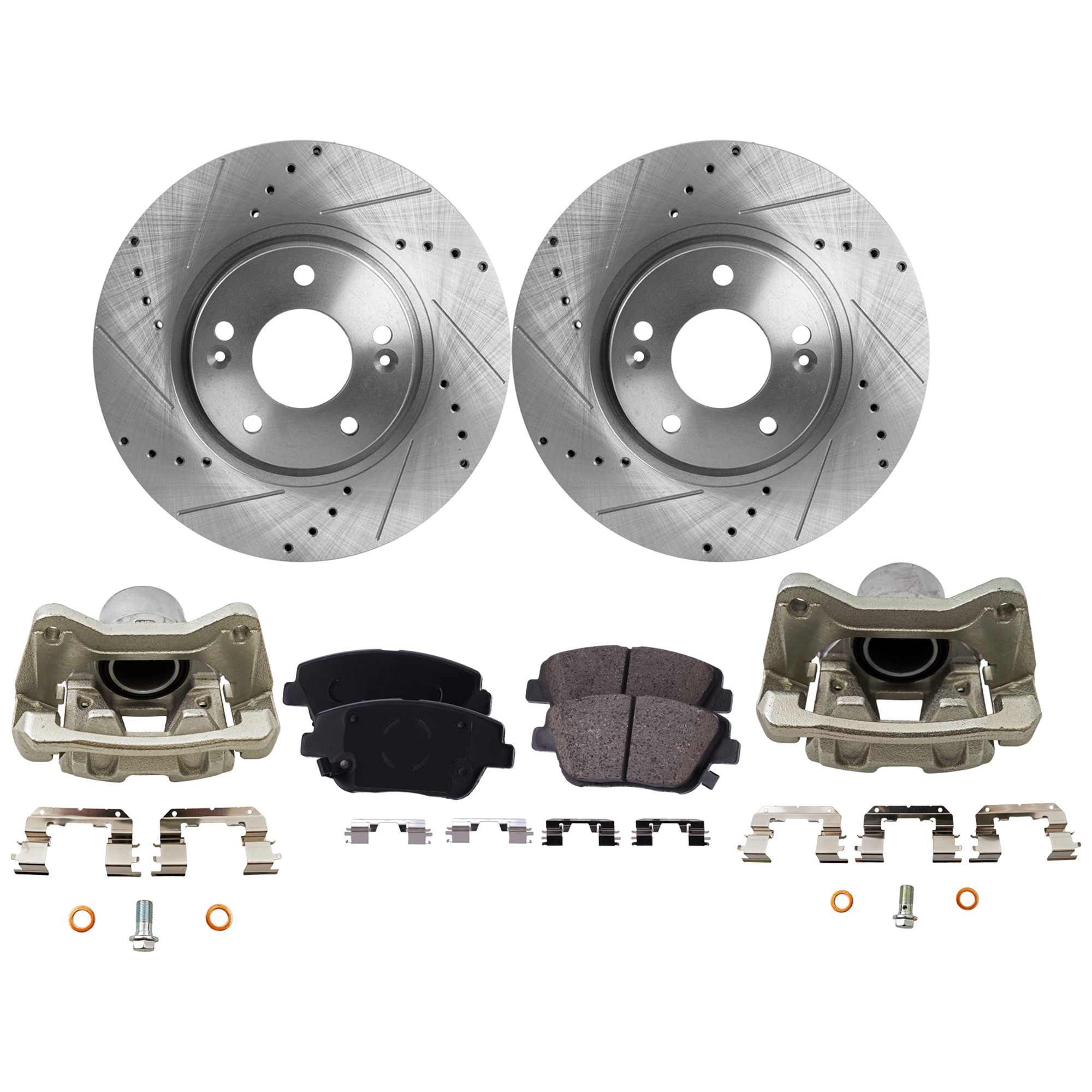 AM OPTIMA 11-16 SONATA 12-15 FRONT BRAKE KIT WITH CALIPERS 2 Wheel Set Includes 2 Brake Caliper 2 Brake Disc and 1 Brake Pad Set Cross drilled and Slotted 5 Lugs Ceramic SKU KIT 020525-24 OEM 31427-60289-145832-0833006-900