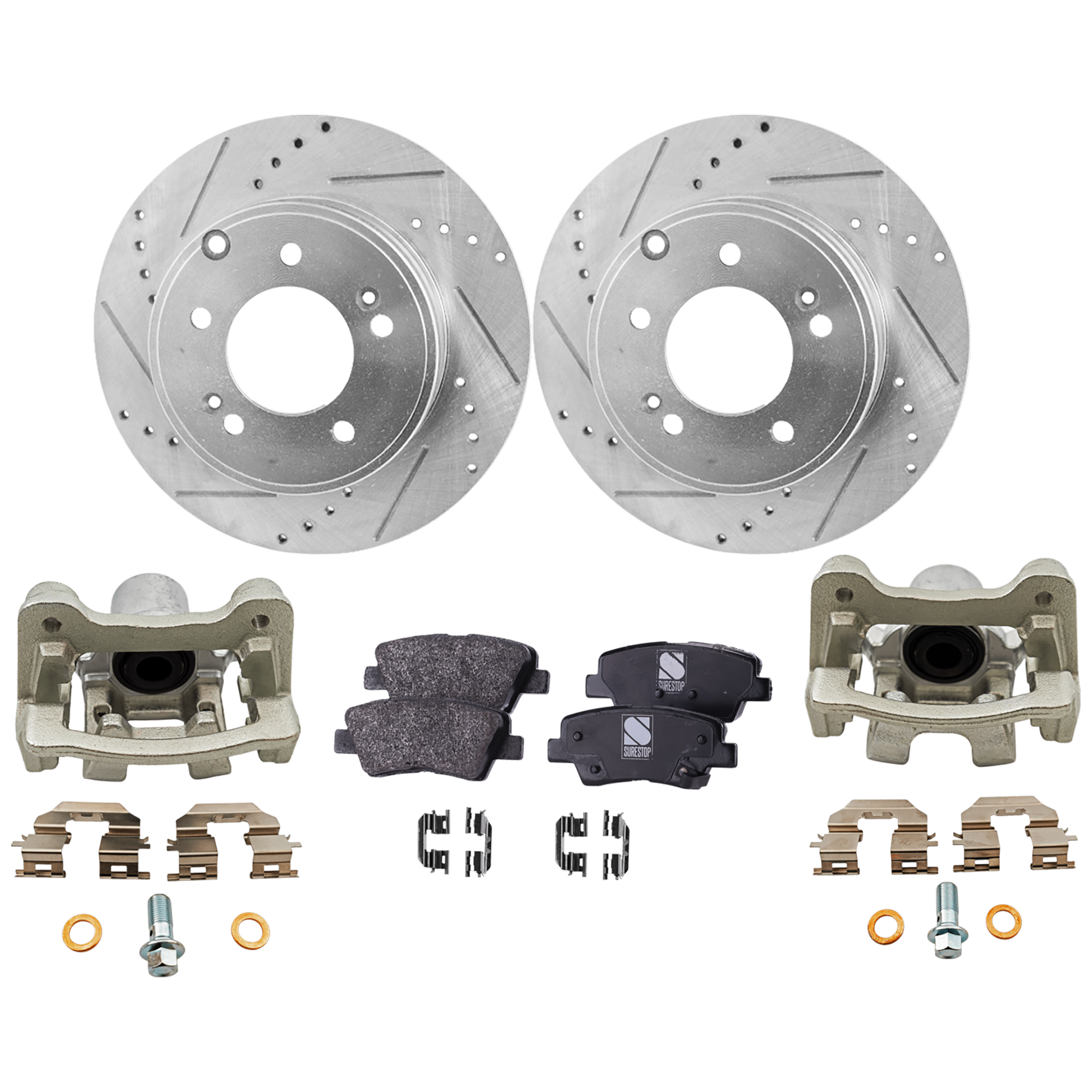 AM OPTIMA 11-15 SONATA 11-15 REAR BRAKE KIT WITH CALIPERS 2 Wheel Set Includes 2 Brake Caliper 2 Brake Disc and 1 Brake Pad Set Cross drilled and Slotted 5 Lugs Organic SKU KIT 020525-26 OEM 31424-31586-44625-0833180-9804