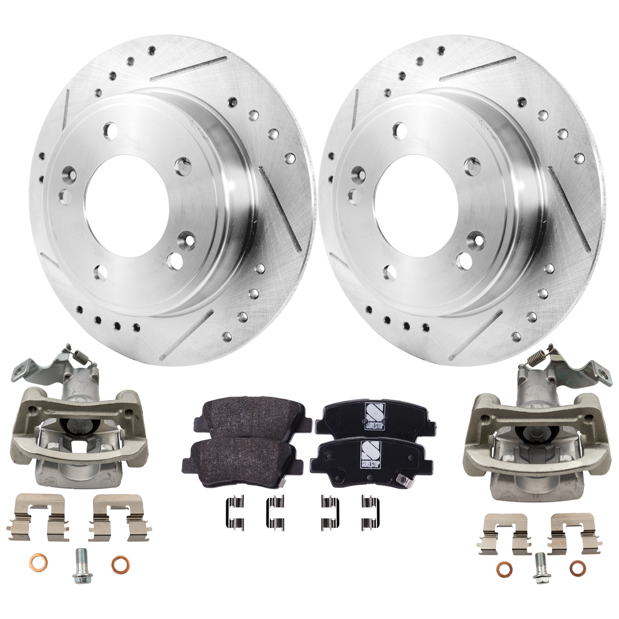 AM SOUL 14-16 REAR BRAKE KIT WITH CALIPERS 2 Wheel Set Includes 2 Brake Caliper 2 Brake Disc and 1 Brake Pad Set Cross drilled and Slotted 5 Lugs Organic SKU KIT 020525-29 OEM 44746-0833529-850287-60003037