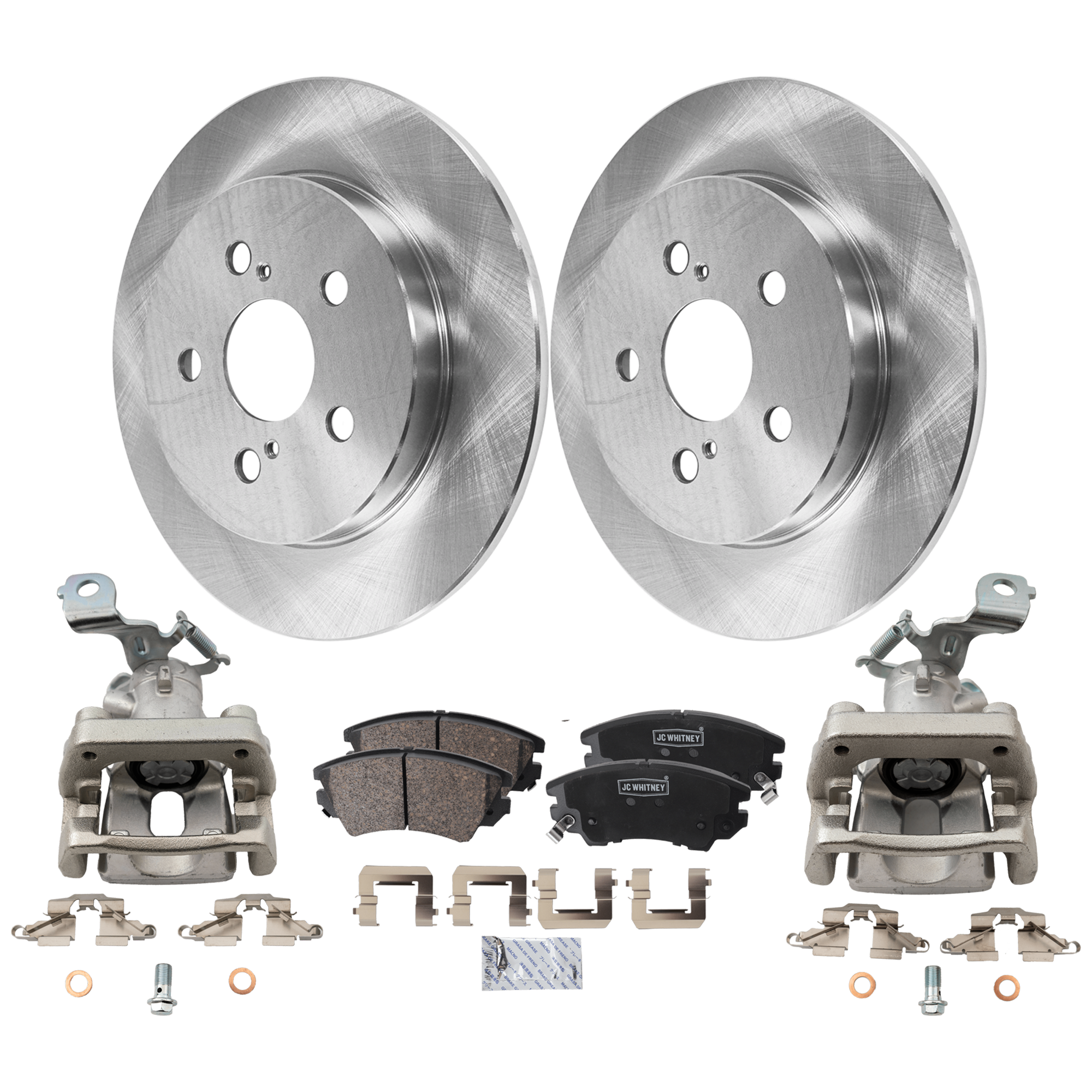 AM COROLLA 14-19 VIBE 09-10 REAR BRAKE KIT WITH CALIPERS 2 Wheel Set Includes 2 Brake Caliper 2 Brake Disc and 1 Brake Pad Set Plain Surface 5 Lugs Cast Iron Ceramic SKU KIT 020525-35 OEM 4243102250-4243102200-42431123