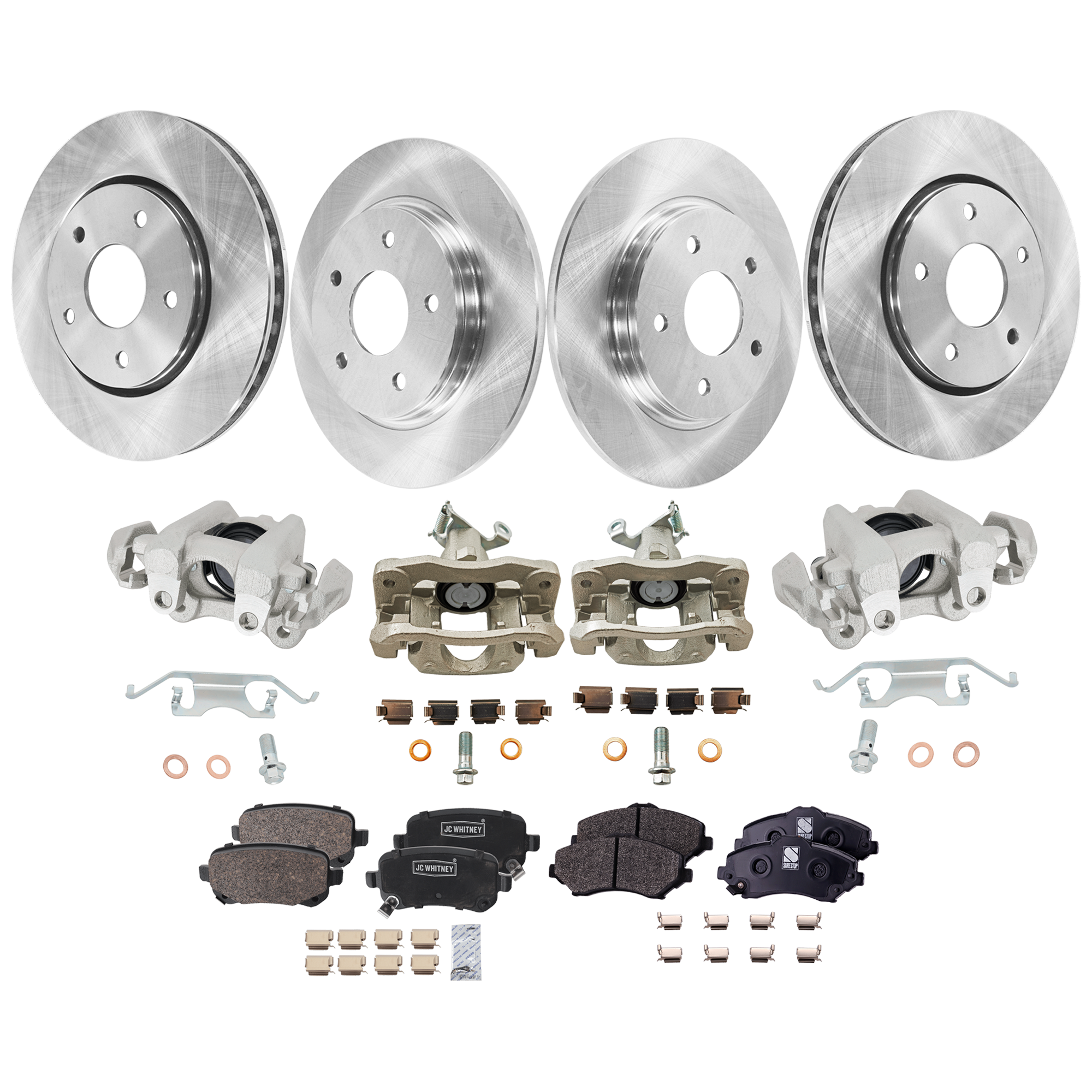 AM JOURNEY 09-12 FRONT AND REAR BRAKE KIT WITH CALIPERS 4 Wheel Set Includes 4 Brake Caliper 4 Brake Disc and 2 Brake Pad Set Plain Surface 5 Lugs Cast Iron Front Semi Metallic Rear Ceramic SKU KIT 020525-40 OEM 4721995AA 4721933AB 4779783AA