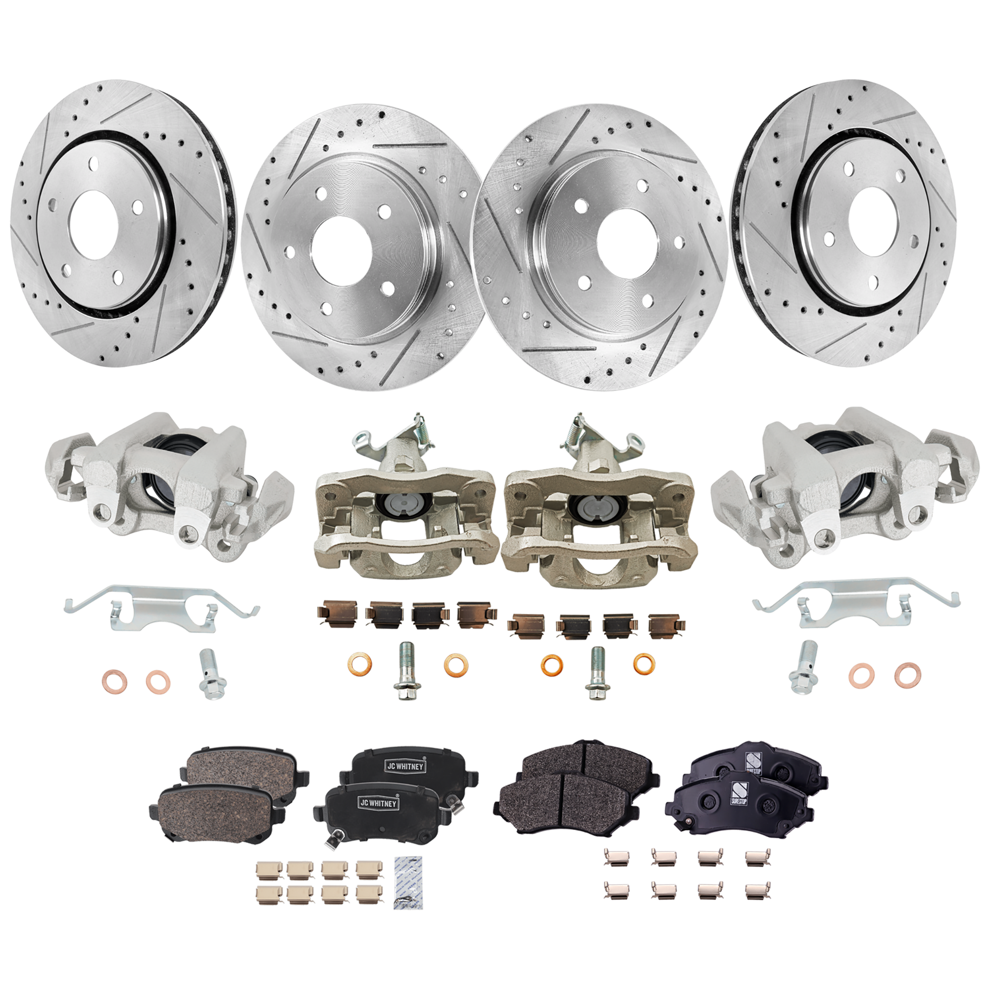 AM JOURNEY 09-12 FRONT AND REAR BRAKE KIT WITH CALIPERS 4 Wheel Set Includes 4 Brake Caliper 4 Brake Disc and 2 Brake Pad Set Cross drilled and Slotted 5 Lugs Front Semi Metallic Rear Cerami SKU KIT 020525-41 OEM 19301-43166-43537-53051-53052
