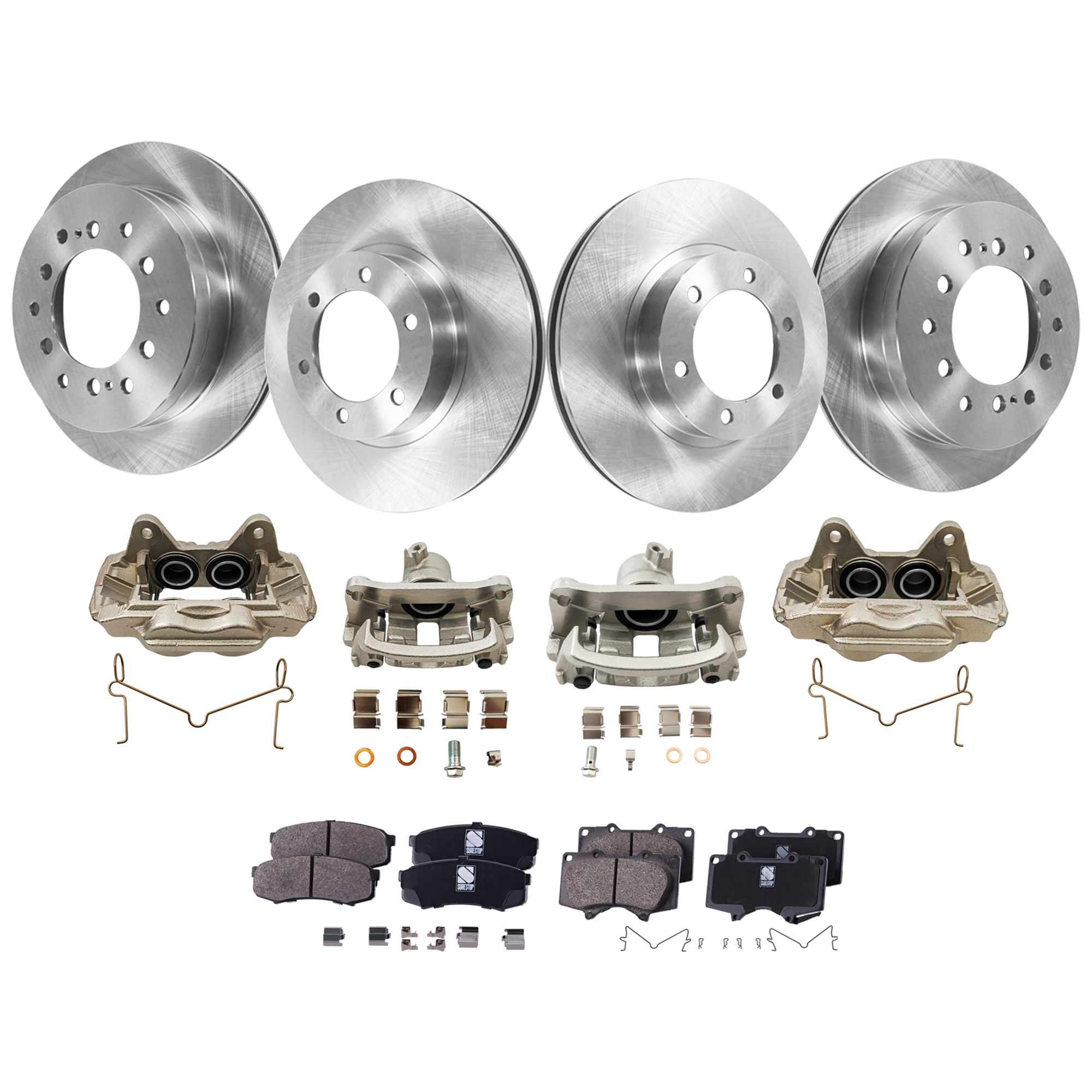 AM GX470-03-09 FRONT AND REAR BRAKE KIT WITH CALIPERS 4 Wheel Set Includes 4 Brake Caliper 4 Brake Disc and 2 Brake Pad Set Plain Surface 6 Lugs Cast Iron Ceramic SKU KIT 020525-49 OEM 4775060261-4773060261-43512601