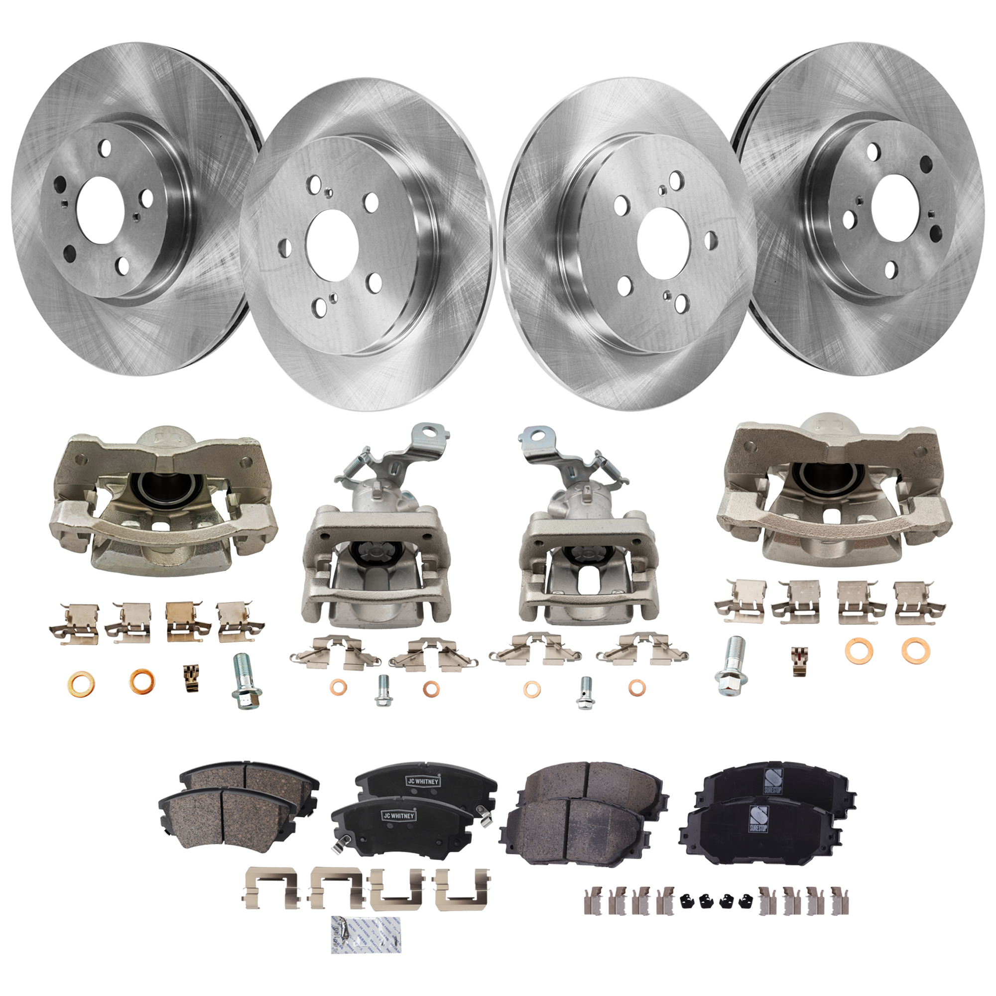 AM COROLLA 14-19 VIBE 09-10 FRONT AND REAR BRAKE KIT WITH CALIPERS 4 Wheel Set Includes 4 Brake Caliper 4 Brake Disc and 2 Brake Pad Set Plain Surface 5 Lugs Cast Iron Ceramic SKU KIT 020525-50 OEM 4351202270-4351212710-43512022