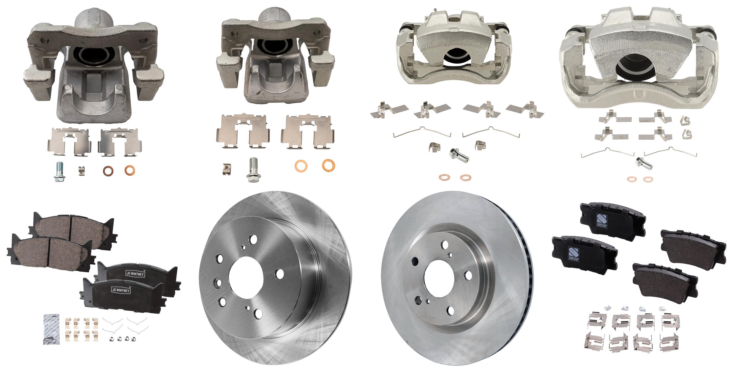 AM AVALON 08-11 ES350-07-12 FRONT AND REAR BRAKE KIT WITH CALIPERS 4 Wheel Set Includes 4 Brake Caliper 4 Brake Disc and 2 Brake Pad Set Plain Surface 5 Lugs Cast Iron Ceramic SKU KIT 020525-52 OEM 4243106110-4243106160-42431331