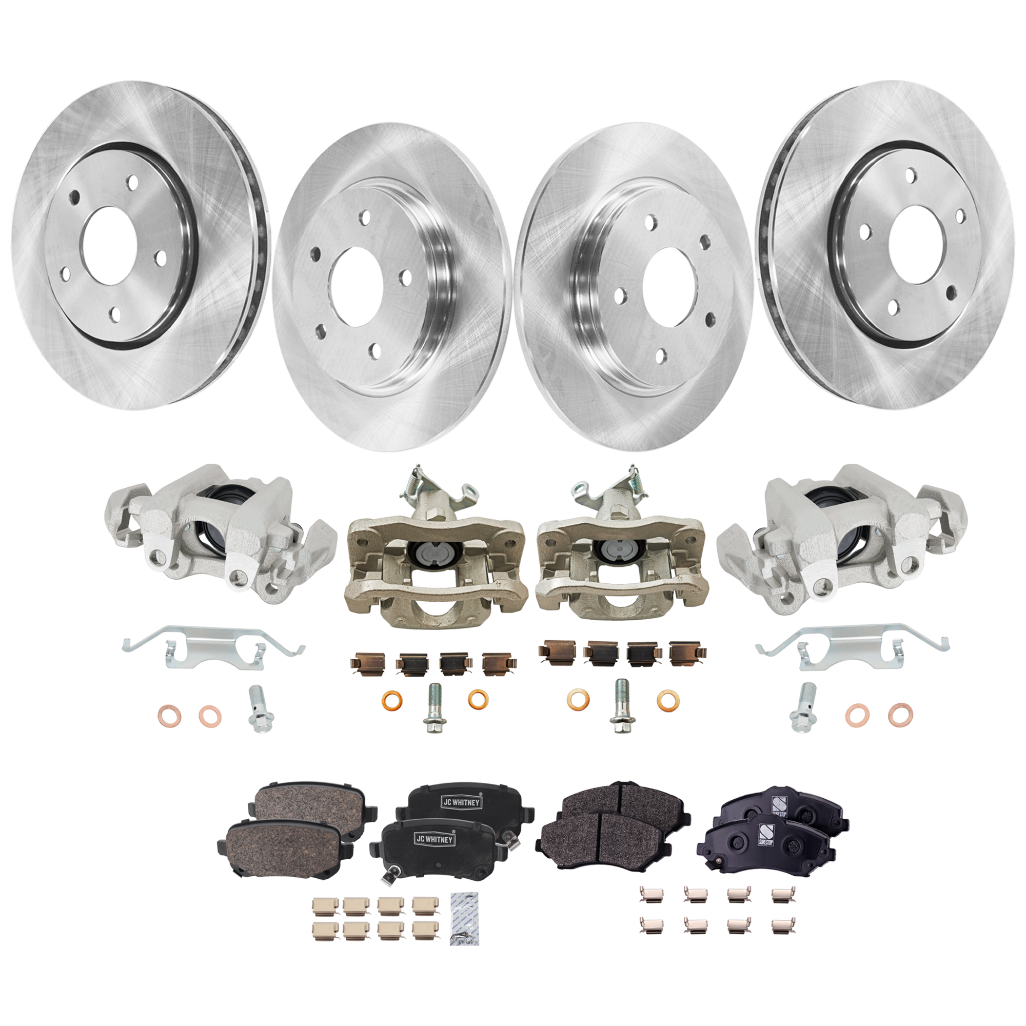 AM JOURNEY 09-12 FRONT AND REAR BRAKE KIT WITH CALIPERS 4 Wheel Set Includes 4 Brake Caliper 4 Brake Disc and 2 Brake Pad Set Plain Surface 5 Lugs Cast Iron Front Semi Metallic Rear Ceramic SKU KIT 020525-61 OEM 4721995AA 4721933AB 4779783AA