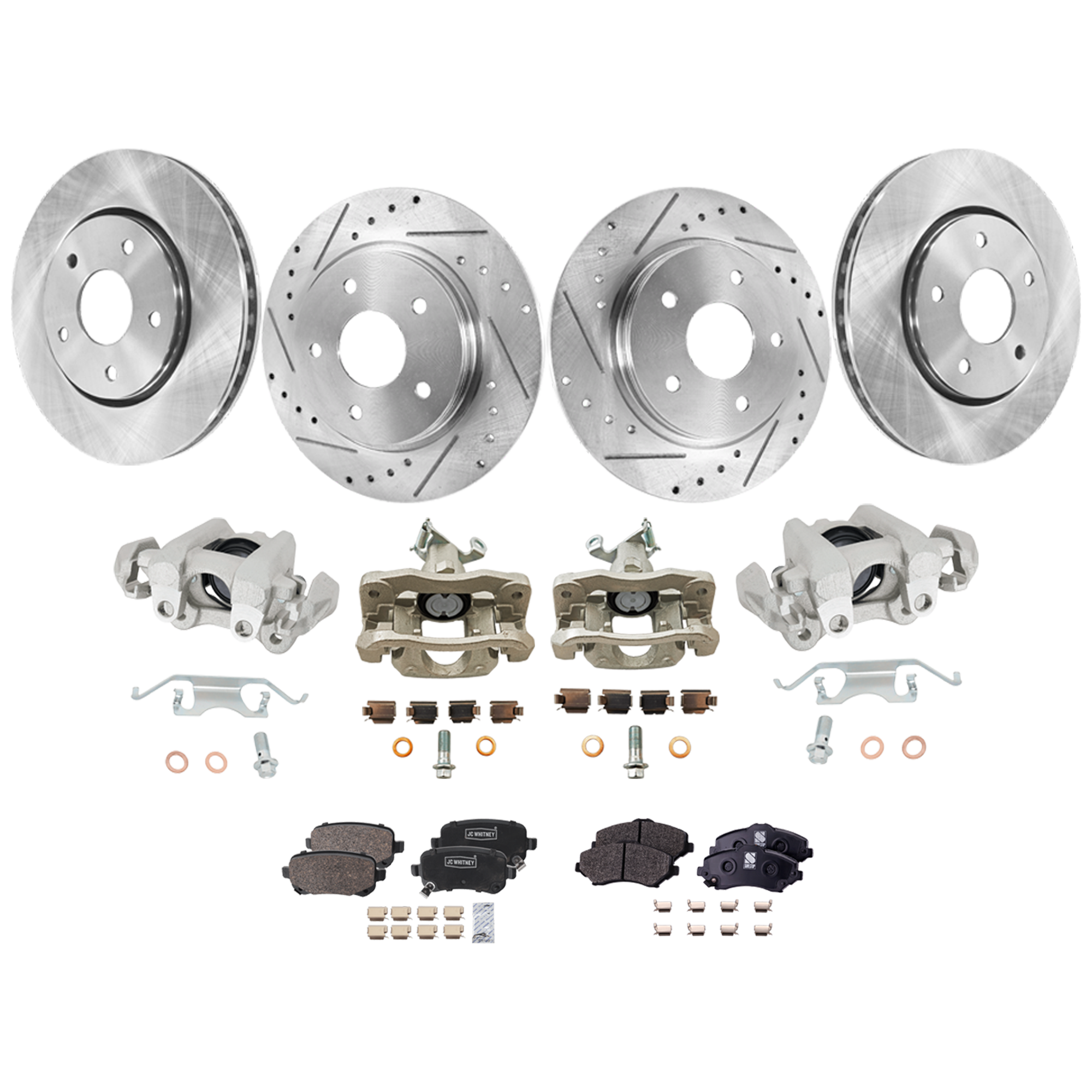 AM JOURNEY 09-12 FRONT AND REAR BRAKE KIT WITH CALIPERS 4 Wheel Set Includes 4 Brake Caliper 4 Brake Disc and 2 Brake Pad Set Front Plain Surface Rear Cross drilled and Slotted 5 Lugs Cast I SKU KIT 020525-62 OEM 4721995AA 4721933AB 4779783AA