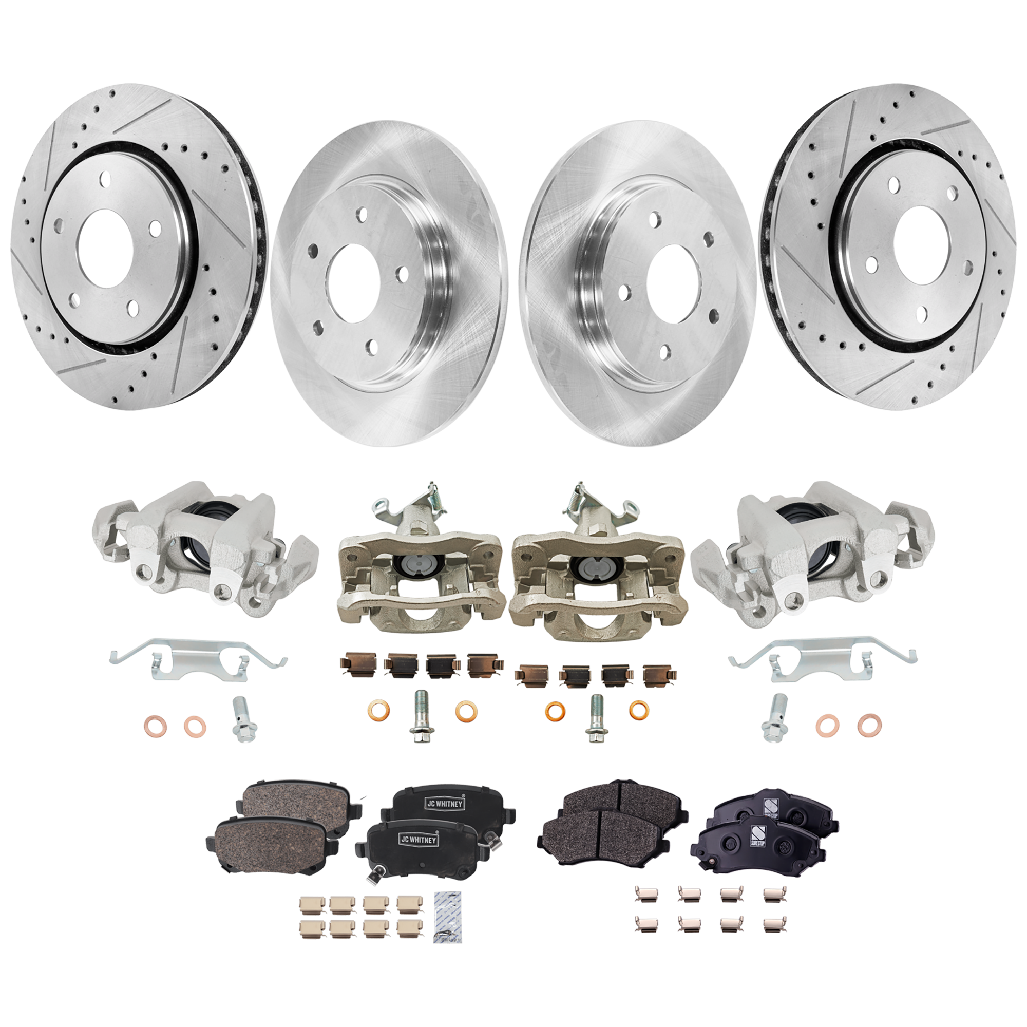 AM JOURNEY 09-12 FRONT AND REAR BRAKE KIT WITH CALIPERS 4 Wheel Set Includes 4 Brake Caliper 4 Brake Disc and 2 Brake Pad Set Front Cross drilled and Slotted Rear Plain Surface 5 Lugs Front SKU KIT 020525-63 OEM 19301-43166-43537-53051-53052