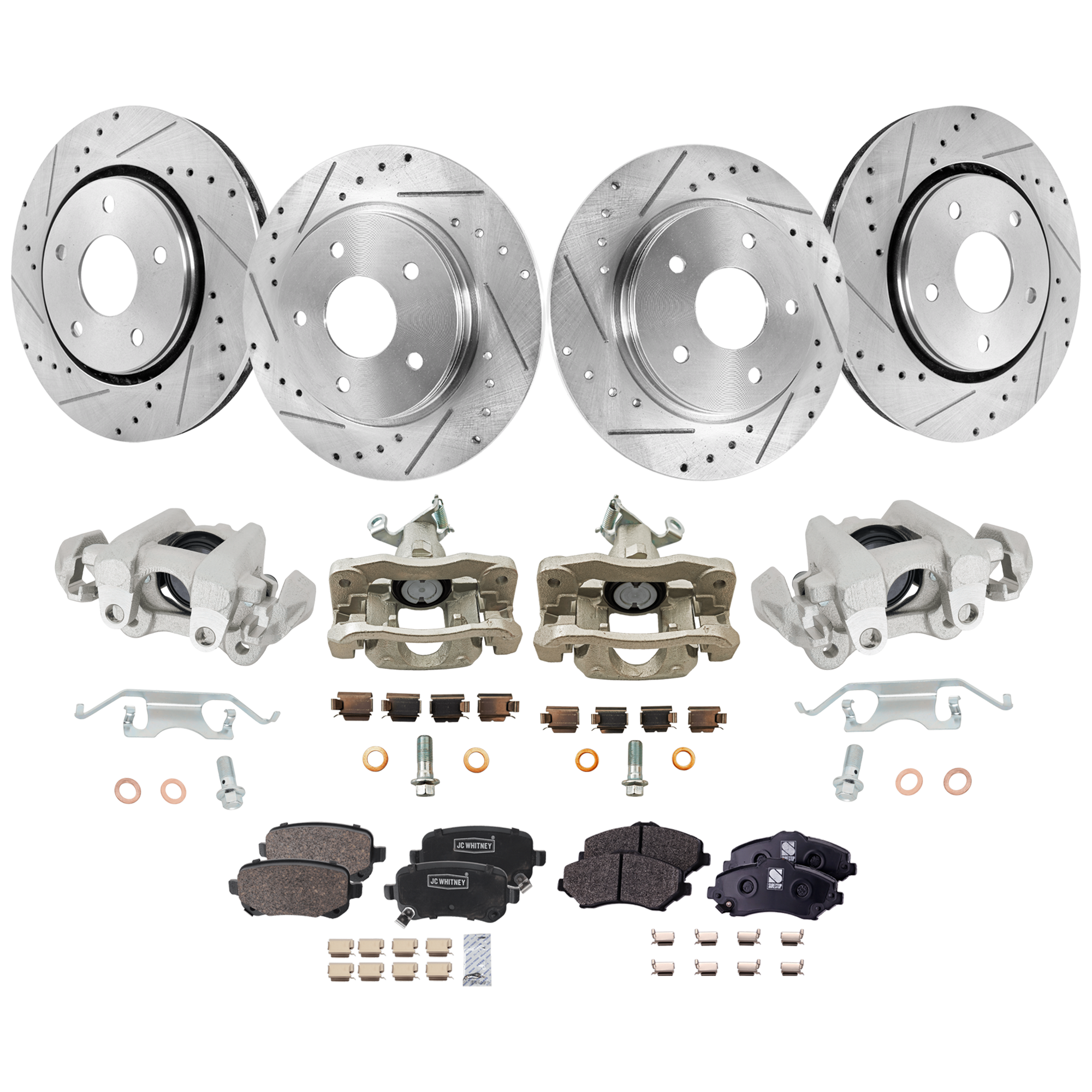 AM JOURNEY 09-12 FRONT AND REAR BRAKE KIT WITH CALIPERS 4 Wheel Set Includes 4 Brake Caliper 4 Brake Disc and 2 Brake Pad Set Cross drilled and Slotted 5 Lugs Front Semi Metallic Rear Cerami SKU KIT 020525-64 OEM 19301-43166-43537-53051-53052