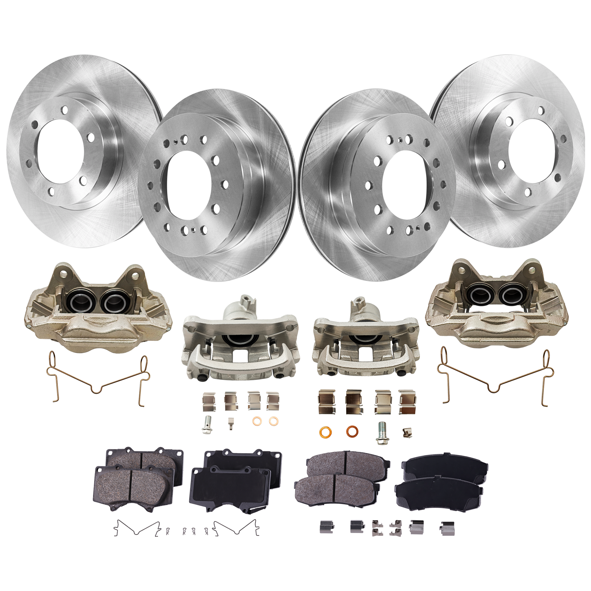 AM GX470-03-09 FRONT AND REAR BRAKE KIT WITH CALIPERS 4 Wheel Set Includes 4 Brake Caliper 4 Brake Disc and 2 Brake Pad Set Plain Surface 6 Lugs Cast Iron Ceramic SKU KIT 020525-78 OEM 4775060261-4773060261-43512601