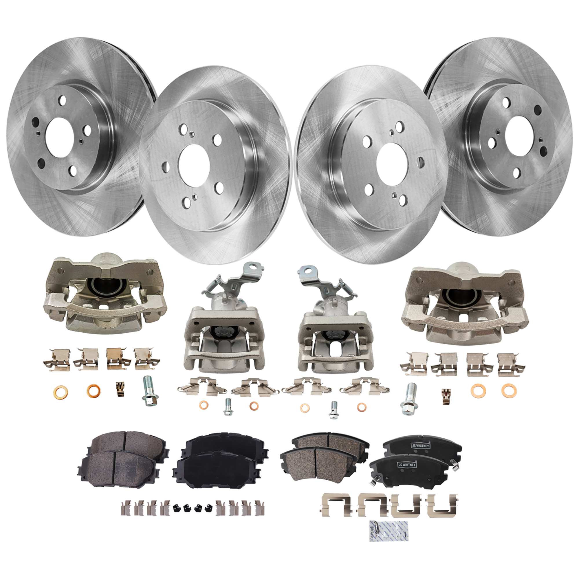 AM COROLLA 14-19 VIBE 09-10 FRONT AND REAR BRAKE KIT WITH CALIPERS 4 Wheel Set Includes 4 Brake Caliper 4 Brake Disc and 2 Brake Pad Set Plain Surface 5 Lugs Cast Iron Ceramic SKU KIT 020525-80 OEM 4351202270-4351212710-43512022