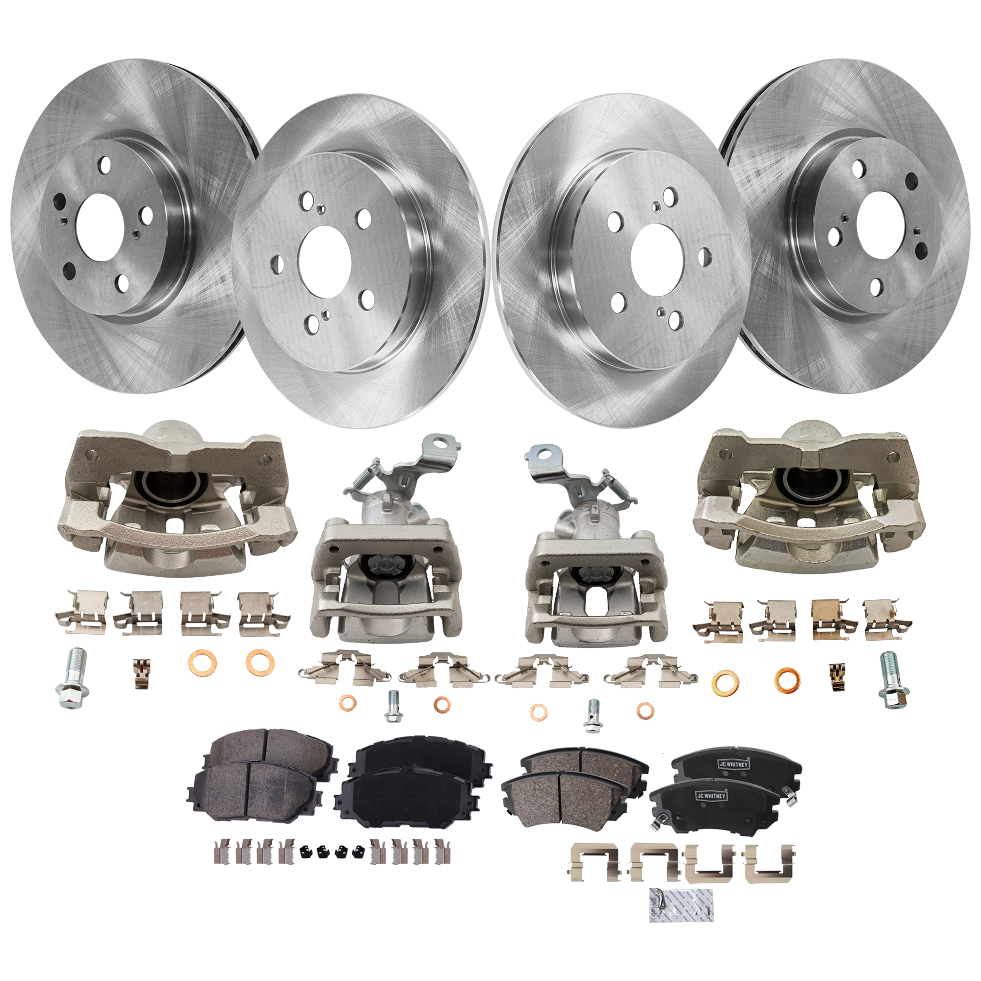 AM COROLLA 14-19 VIBE 09-10 FRONT AND REAR BRAKE KIT WITH CALIPERS 4 Wheel Set Includes 4 Brake Caliper 4 Brake Disc and 2 Brake Pad Set Plain Surface 5 Lugs Cast Iron Ceramic SKU KIT 020525-82 OEM 4243102250-4243102200-42431123