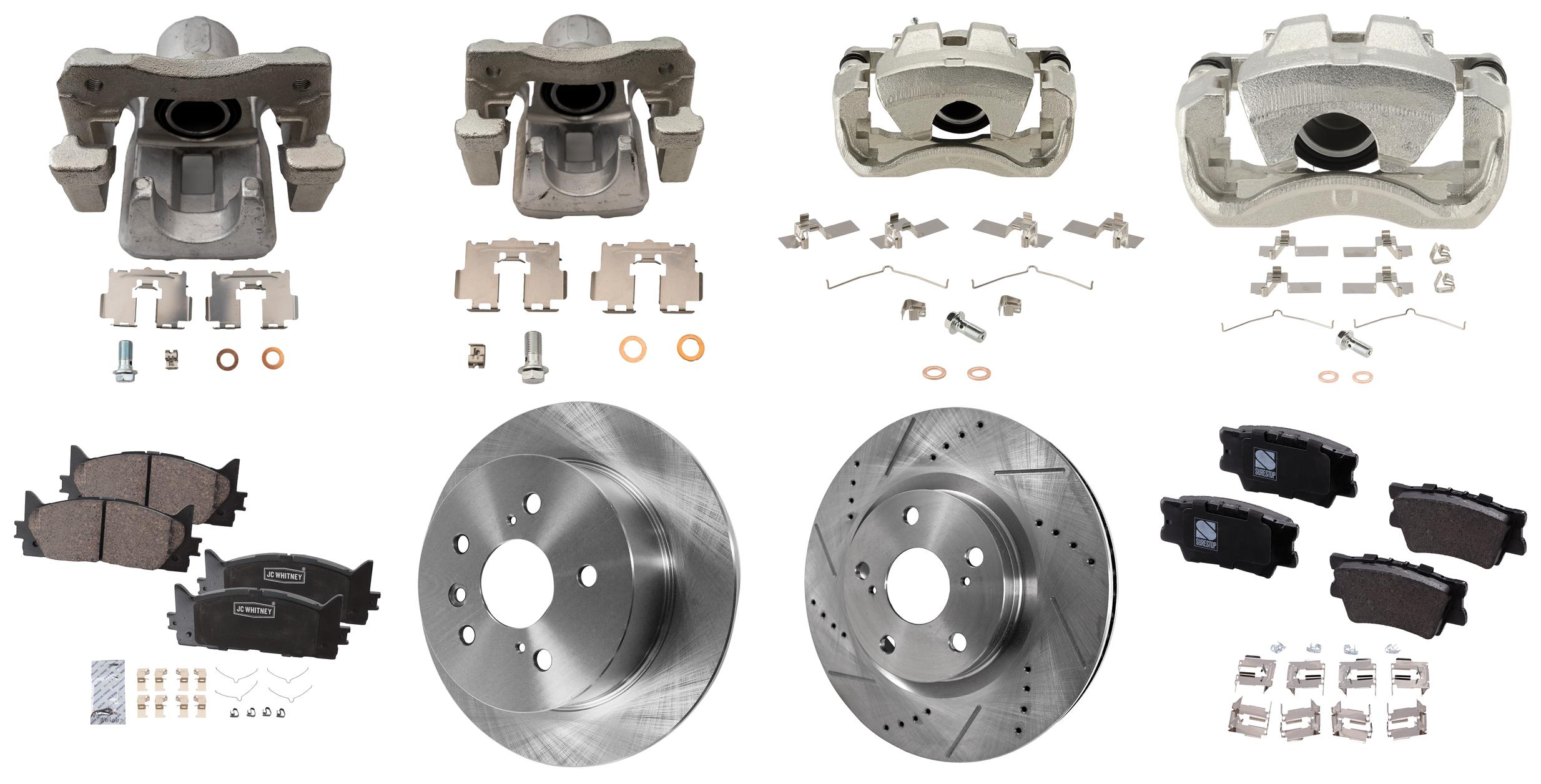 AM AVALON 08-11 ES350-07-12 FRONT AND REAR BRAKE KIT WITH CALIPERS 4 Wheel Set Includes 4 Brake Caliper 4 Brake Disc and 2 Brake Pad Set Front Cross drilled and Slotted Rear Plain Surface 5 L SKU KIT 020525-86 OEM 4243106110-4243106160-42431331