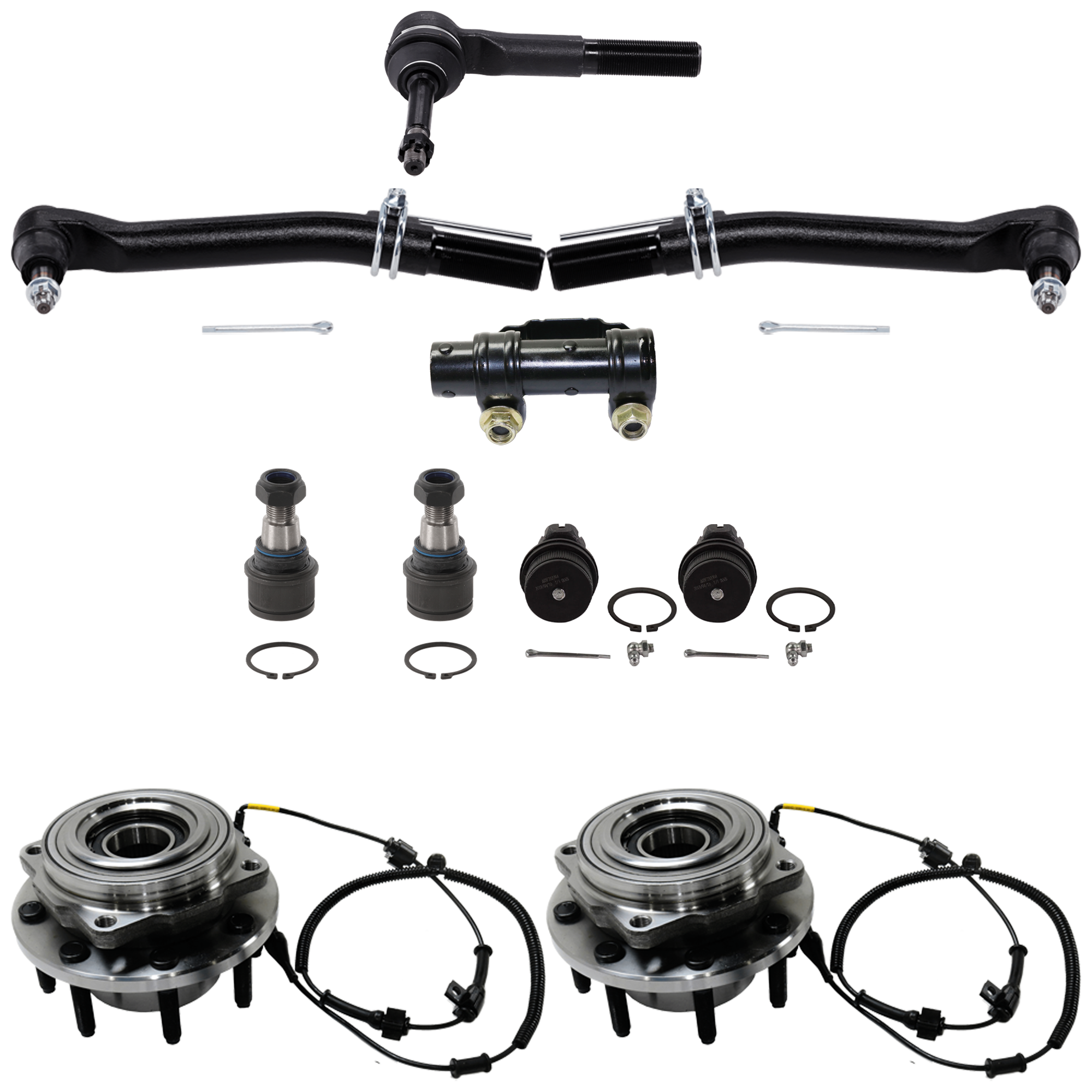 AM F 250 F 350 SUPER DUTY 05-10 FRONT SUSPENSION KIT RH AND LH 10 pc kit with Ball Joints Tie Rod Adjusting Sleeve Tie Rod Ends and Wheel Hubs SKU KIT 020718-06 OEM 10339-104273-2601248-2601646-4