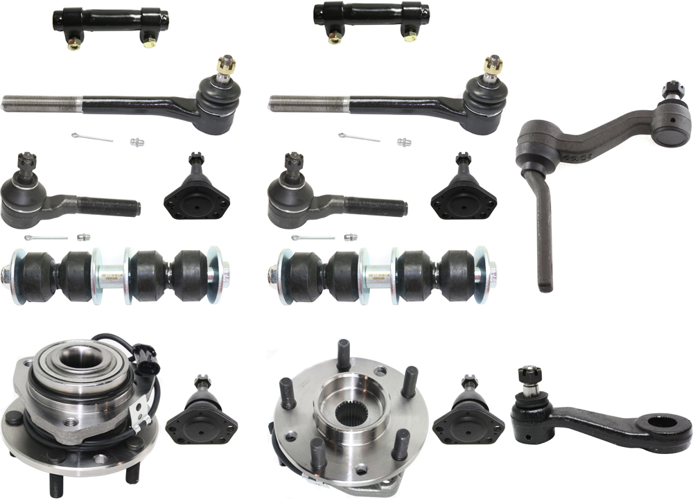 AM BLAZER JIMMY 98-05 FRONT SUSPENSION KIT 16 pc kit with Ball Joint Idler Arm Pitman Arm Sway Bar Link Tie Rod Adjusting Sleeve Tie Rod End and Wheel Hub SKU KIT 020718-18 OEM 10390-286004-2601274-5051104-1
