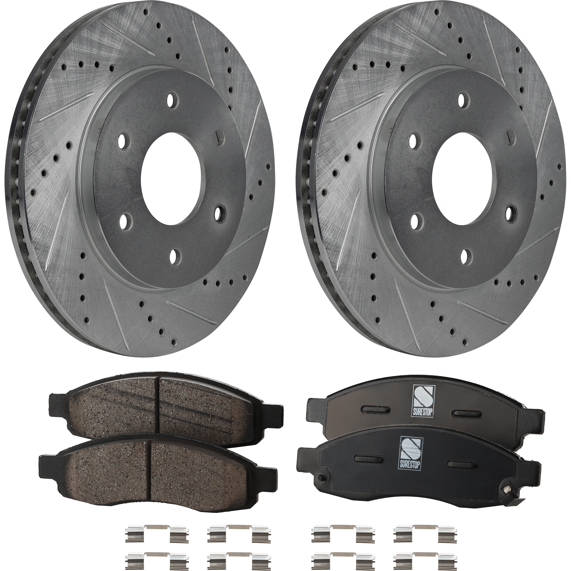 AM QX56 TITAN 04-05 FRONT BRAKE DISC AND PAD KIT 4 pc Kit Cross drilled and Slotted 6 Lugs Ceramic SKU KIT 020723-02 OEM 31328-145507-0833016-12142084