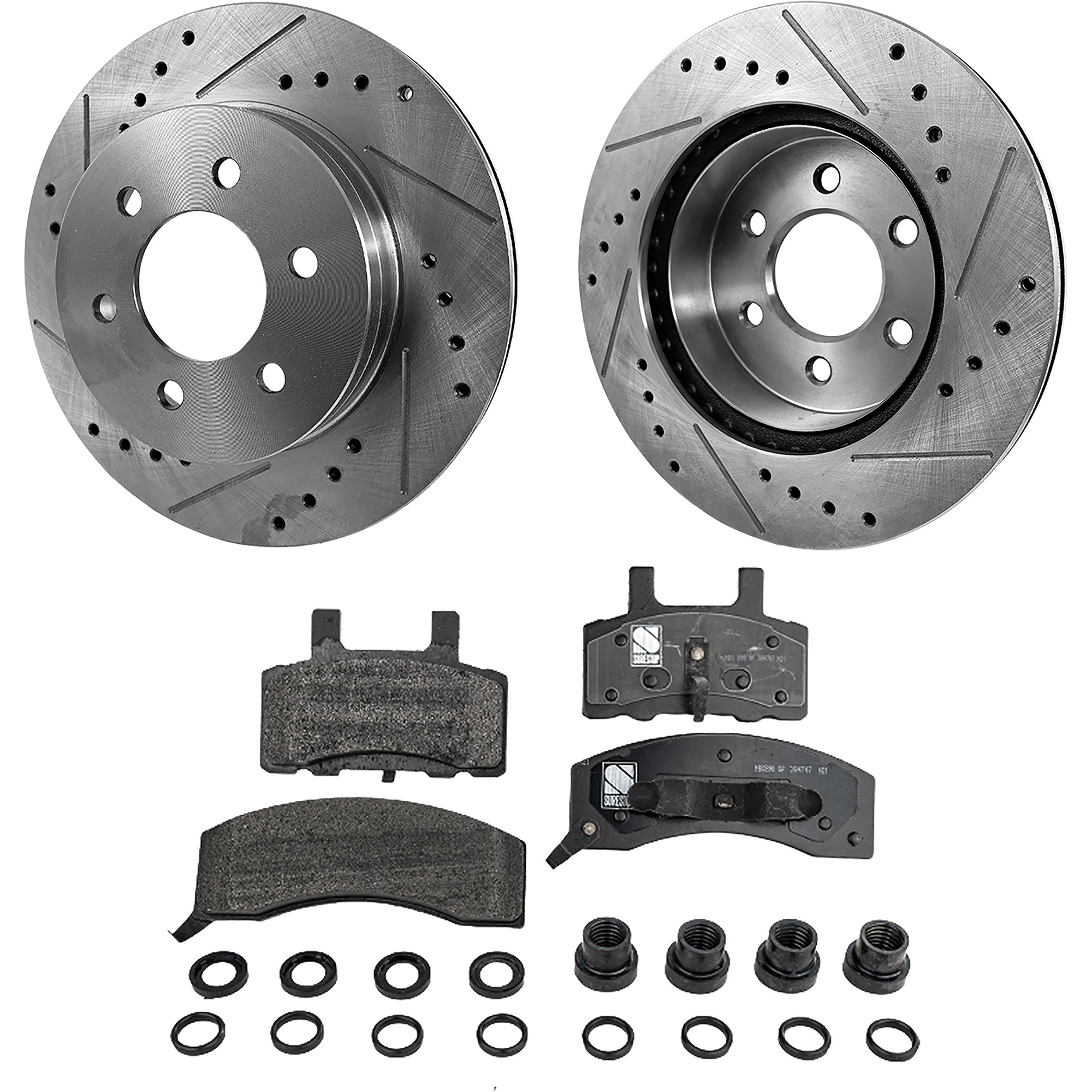 AM K1500 SUBURBAN 95-96 K2500-88-95 FRONT BRAKE DISC AND PAD KIT 2 Wheel Set Cross drilled and Slotted Semi Metallic SKU KIT 020723-09 OEM 444-5569-5597-5962-19801-27142