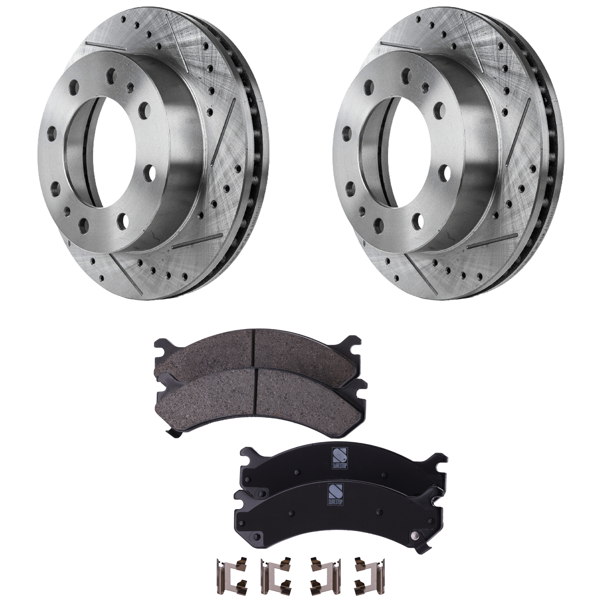 AM AVALANCHE 2500-02-06 FRONT AND REAR BRAKE DISC AND PAD KIT 4 Wheel Set Cross drilled and Slotted Vented 8 Lugs Performance Rotor SKU KIT 020725 C44 OEM 55056-56829-56999-86829-101421