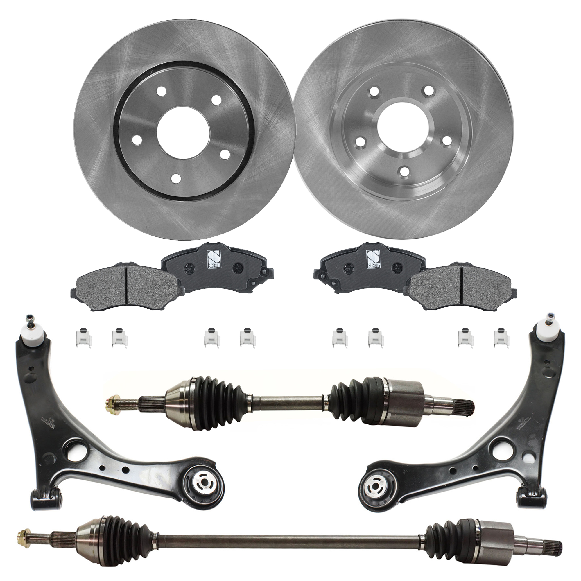 AM GRAND CARAVAN TOWN COUNTRY 08-10 FRONT CV AXLE ASSEMBLY RH AND LH 7 pc Kit w Brake Disc Brake Pad Set and Control Arms SKU KIT 020822-033 OEM 4721995AA 4721933AB 4779783AA