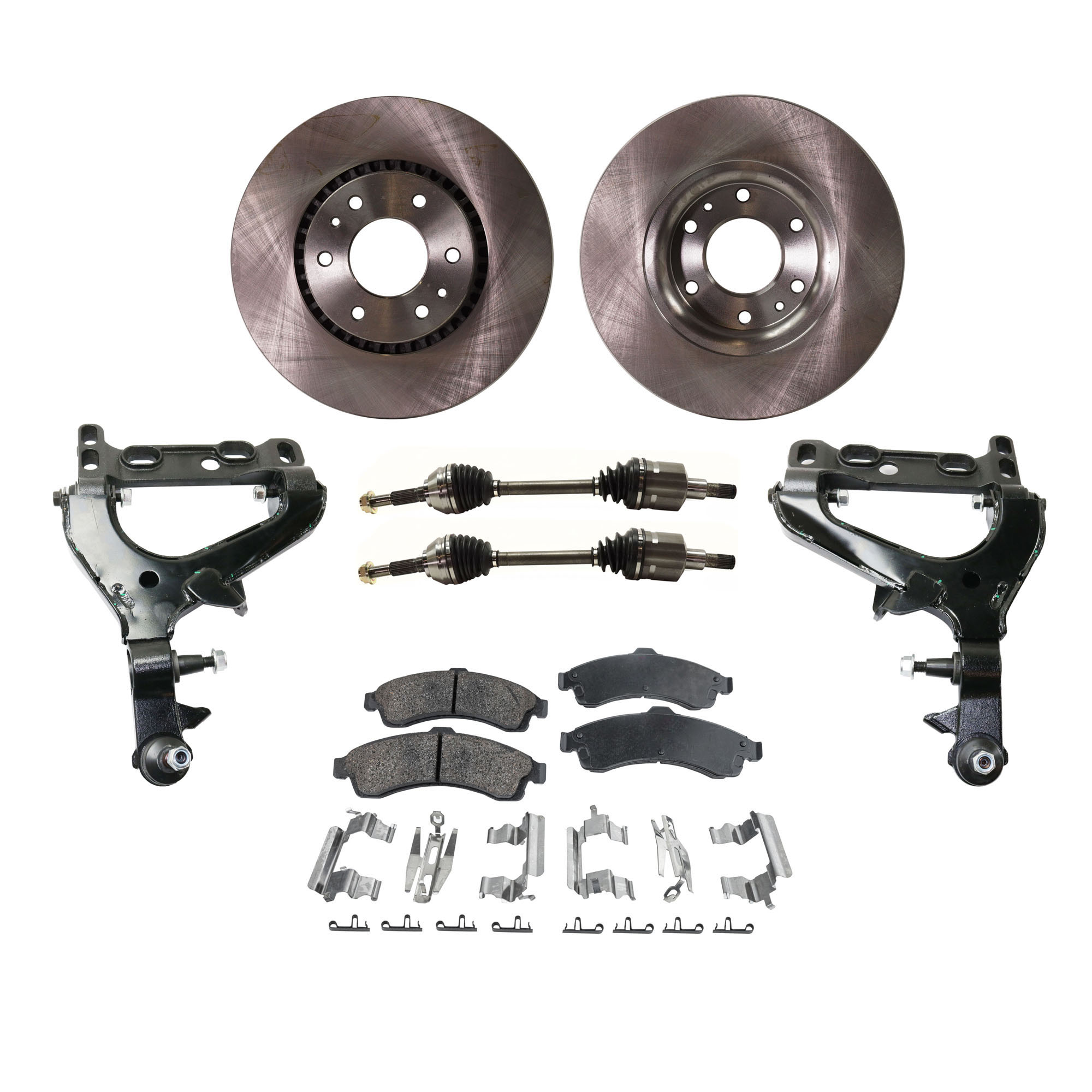 AM ENVOY XL RAINIER TRAILBLAZER EXT 04-05 FRONT CONTROL ARM KIT RH AND LH Lower 7 pc Kit with Axle Assemblies Brake Discs and Brake Pad Set SKU KIT 020822-046 OEM 26079789-8260797890-18060665-2