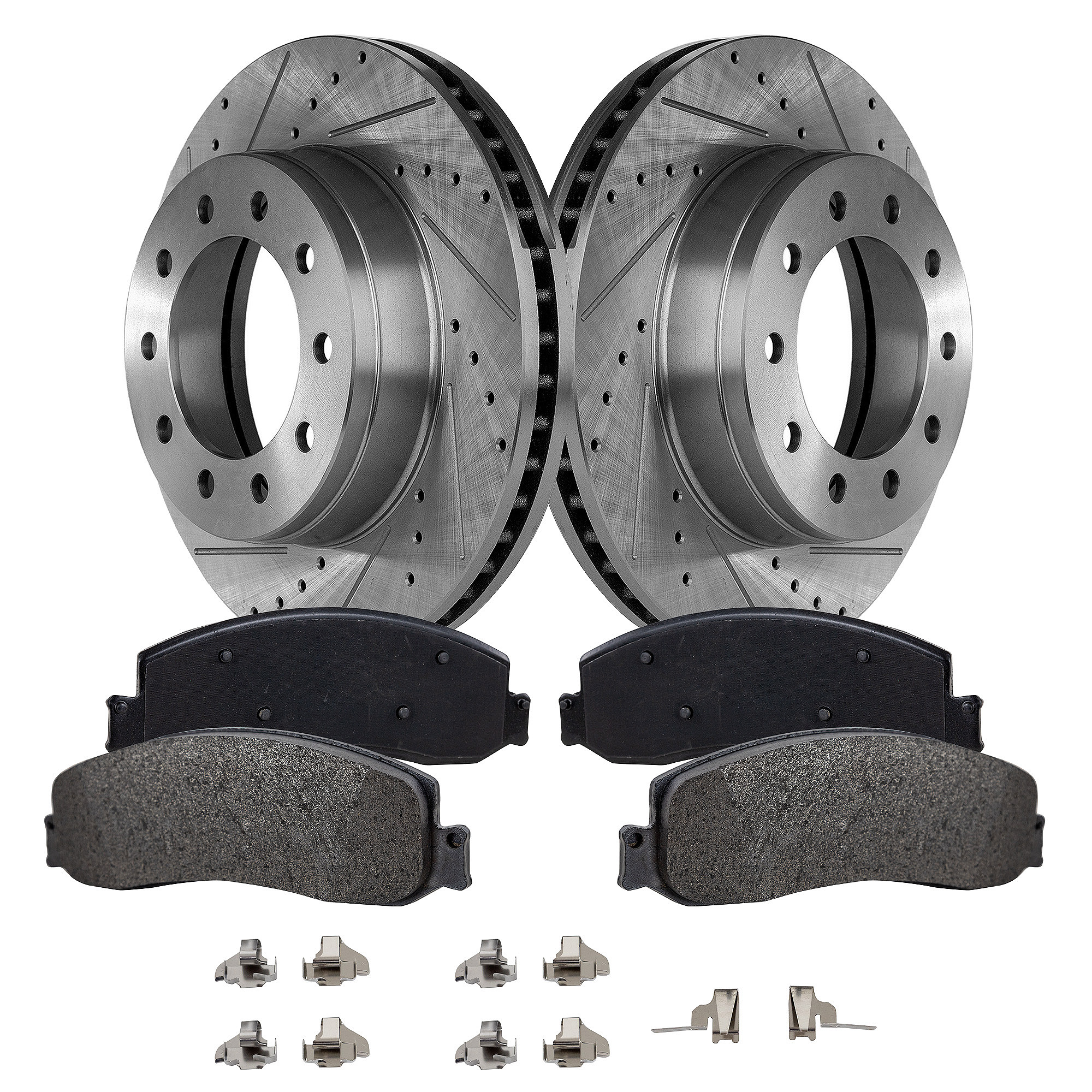 AM F 450 SUPER DUTY 12-12 FRONT BRAKE DISC AND PAD KIT 2 Wheel Set Cross drilled and Slotted SKU KIT 020823-01 OEM 54128-680305-60054197-54128G 6