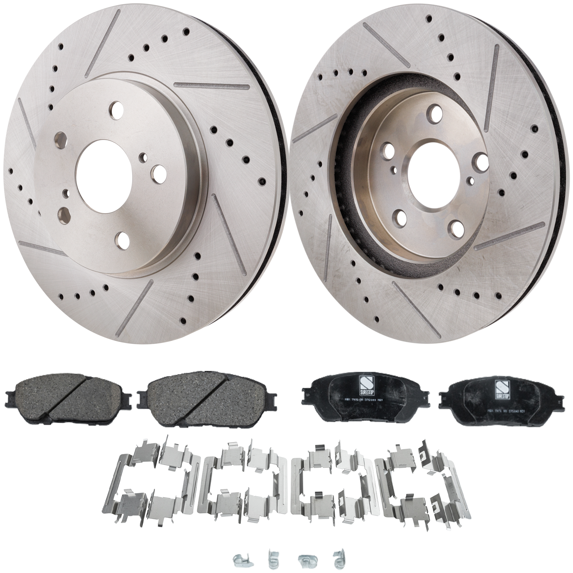 AM SIENNA 04-10 SOLARA 04-08 FRONT BRAKE DISC AND PAD KIT 4 pc Kit Cross drilled and Slotted SKU KIT 020823-08 OEM 19380-31314-31451-44627-145471