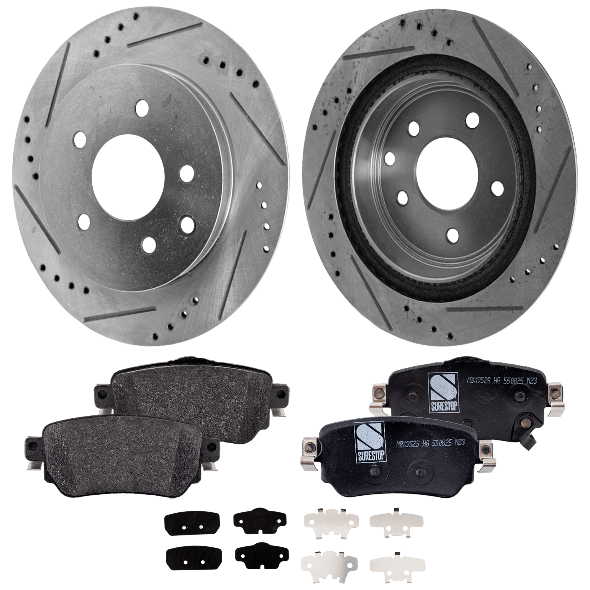 AM ROGUE 19-20 Rogue Sport 19-22 REAR BRAKE DISC AND PAD KIT 4 pc kit Cross drilled and Slotted SKU KIT 020823-22 OEM 31349-900540-48880113-52126093