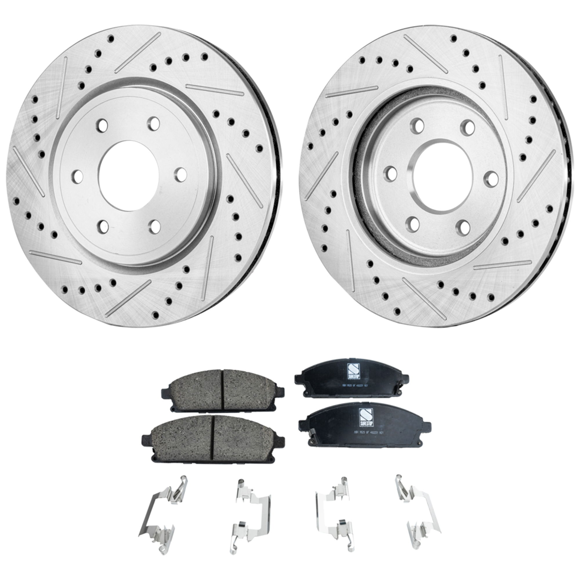 AM PATHFINDER 04-12 FRONT BRAKE DISC AND PAD KIT 4 pc Kit Cross drilled and Slotted SKU KIT 020823-24 OEM 31412-44310-60292-0832978-9002