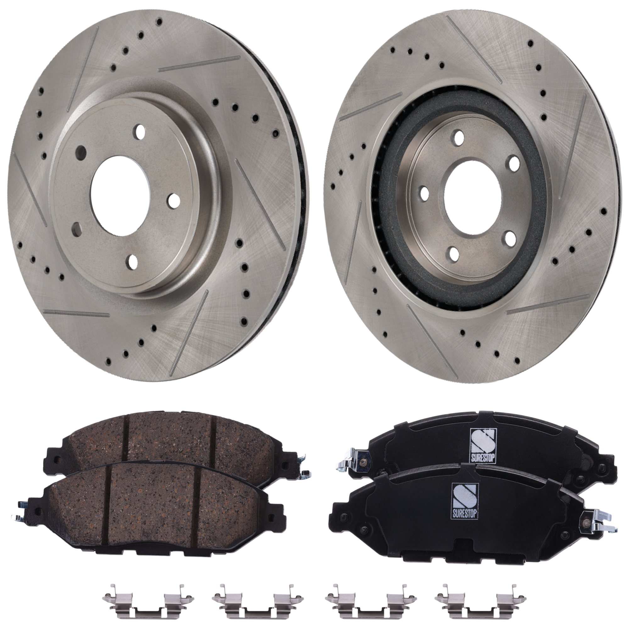 AM QX60-14-17 PATHFINDER 13-17 FRONT BRAKE DISC AND PAD KIT 2 Wheel Set Cross drilled and Slotted SKU KIT 020823-25 OEM 44765-0833566-850356-60067105