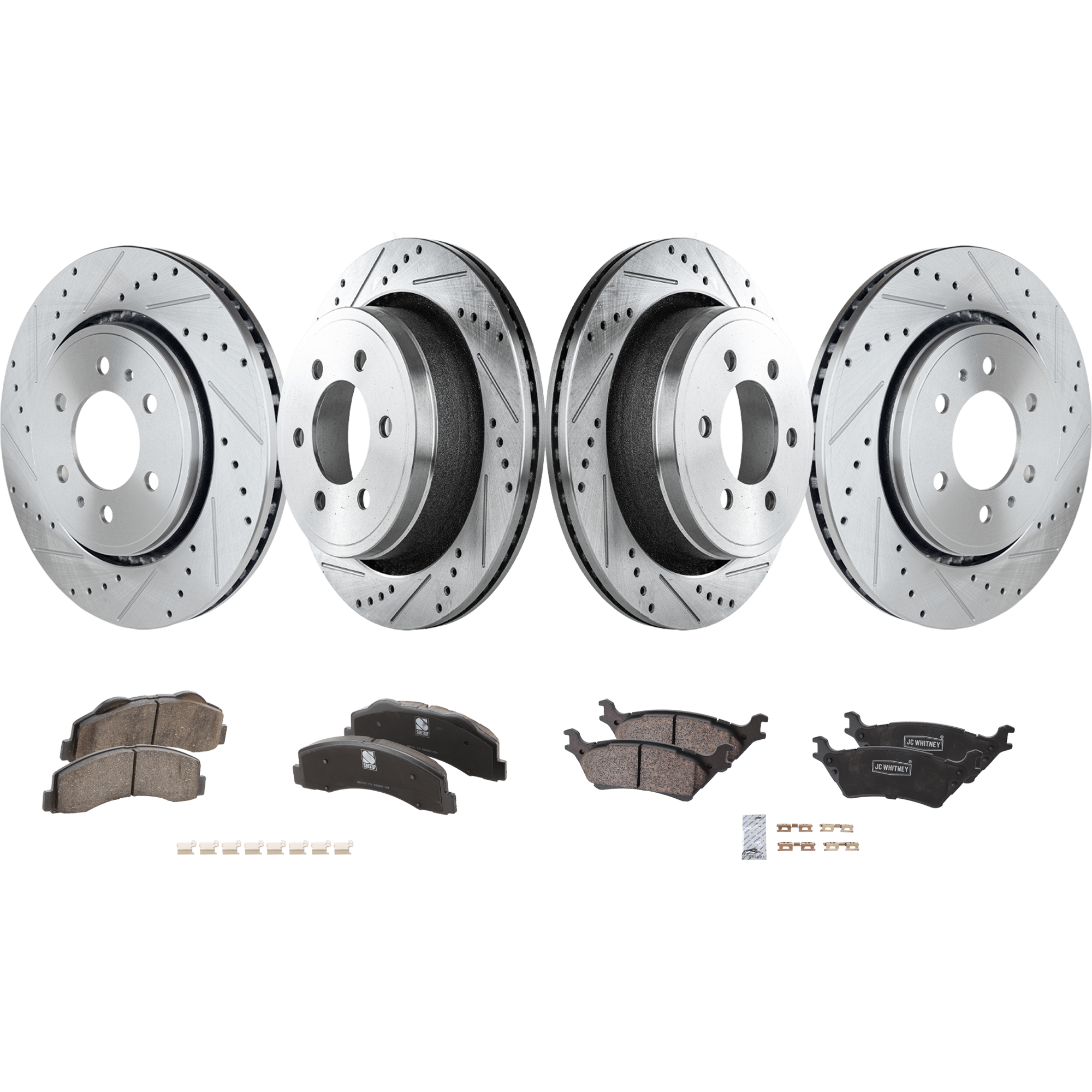 AM F 150-12-17 FRONT AND REAR BRAKE DISC AND PAD KIT 4 Wheel Set Cross drilled and Slotted 6 Lugs Ceramic SKU KIT 020923-01 OEM 42281-850309-60054220-680976R