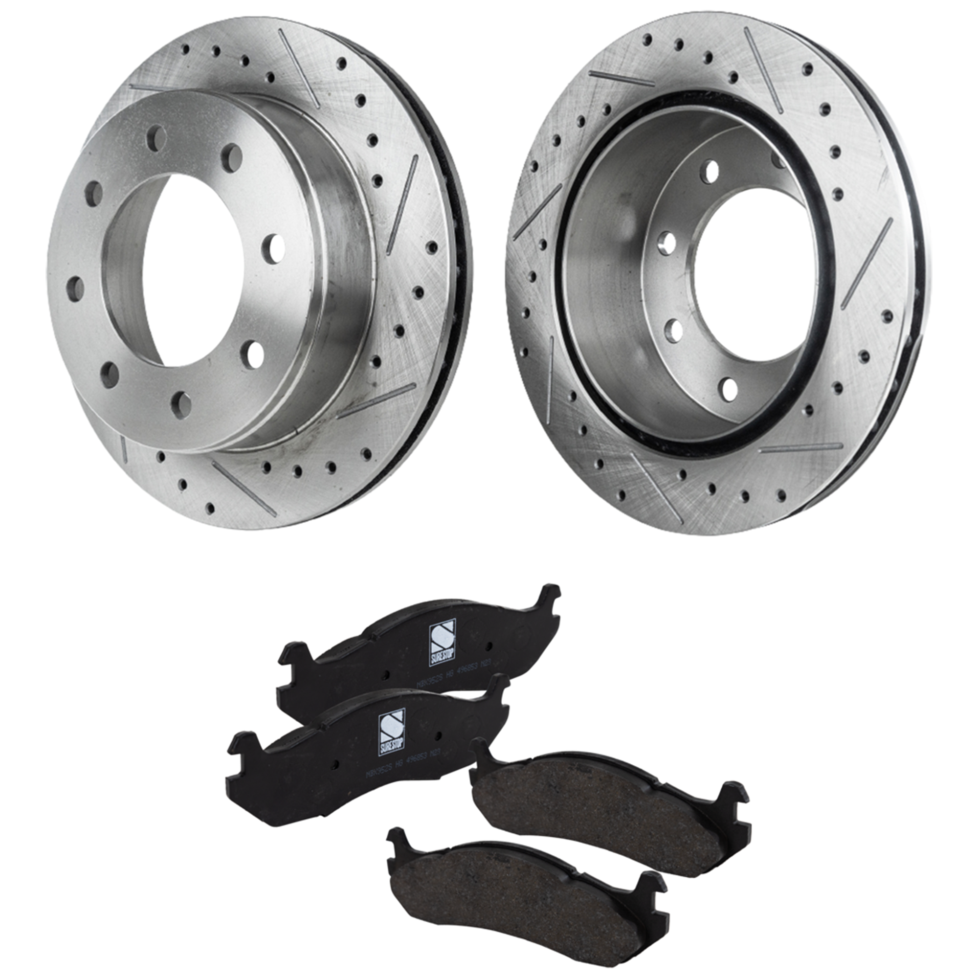 AM H2-03-03 REAR BRAKE DISC AND PAD KIT Cross drilled and Slotted 8 Lugs 2 Wheel Set SKU KIT 020923-14 OEM 19326-41243-55057-55120-56830