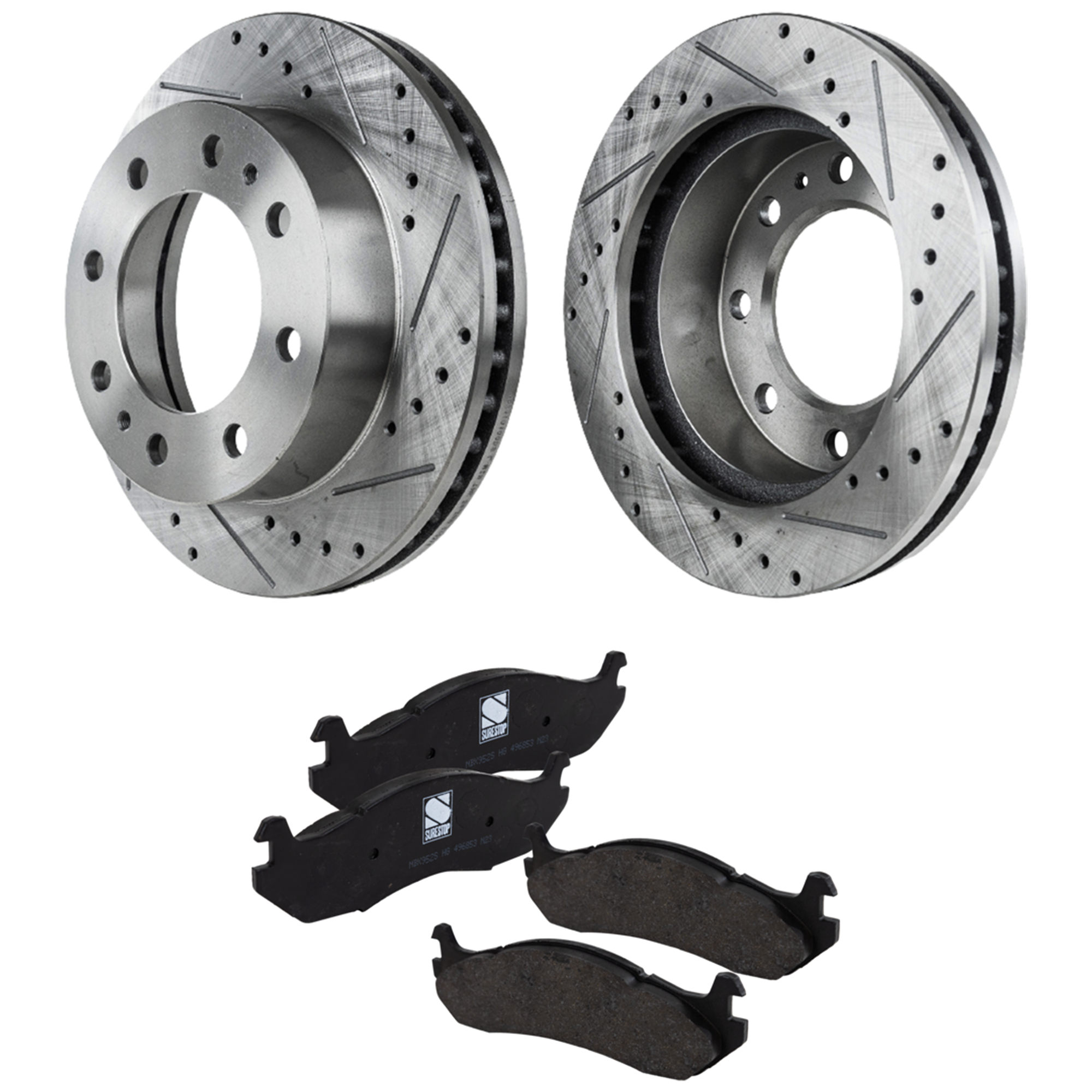 AM H2-03-03 FRONT BRAKE DISC AND PAD KIT 2 Wheel Set Cross drilled and Slotted SKU KIT 020923-18 OEM 55056-56829-56999-86829-101421