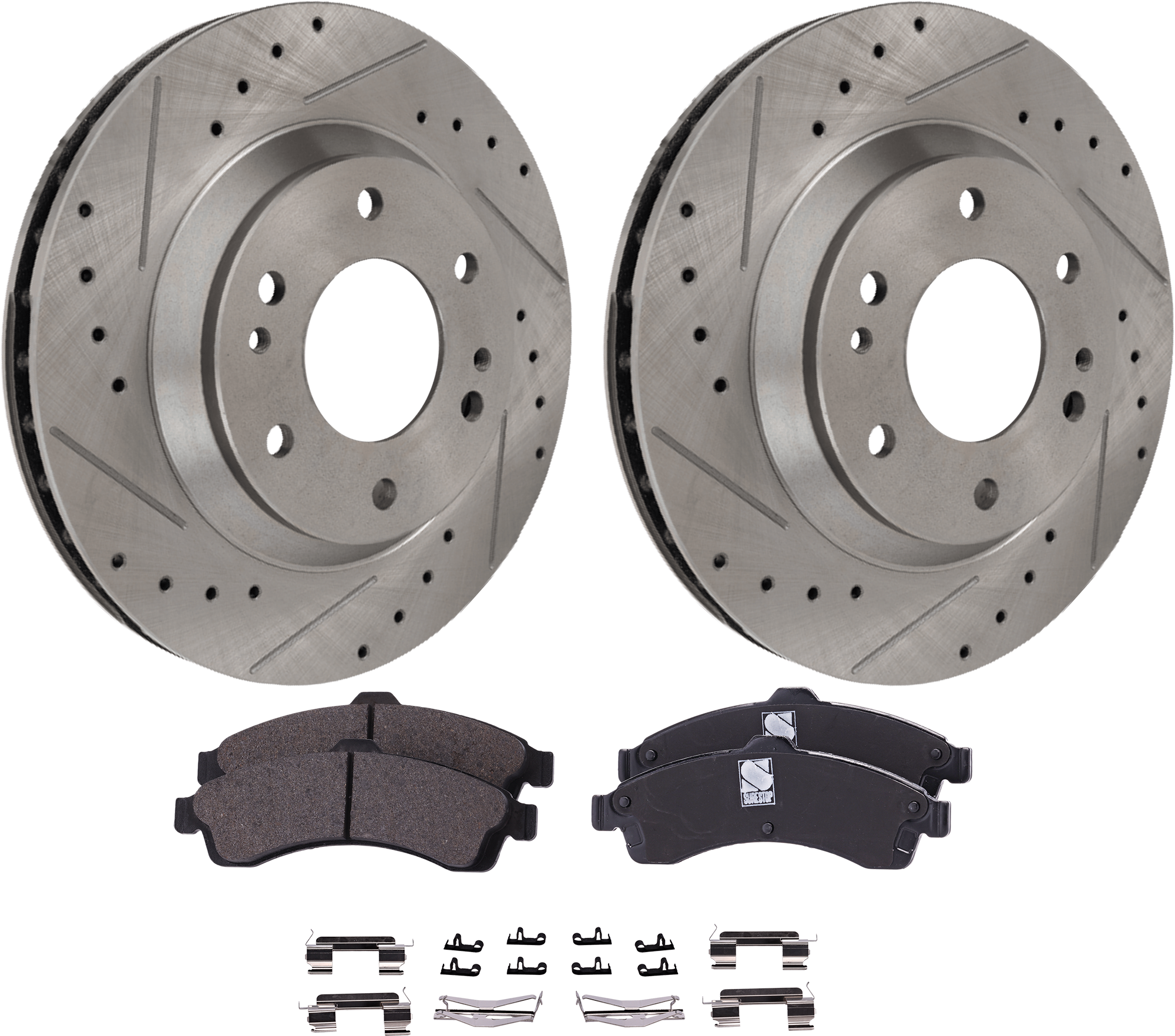 AM TRAILBLAZER ENVOY 02-05 FRONT BRAKE DISC AND PAD KIT Cross drilled and Slotted 4 pc kit SKU KIT 020923-20 OEM 19943-55069-101757-145304-5800