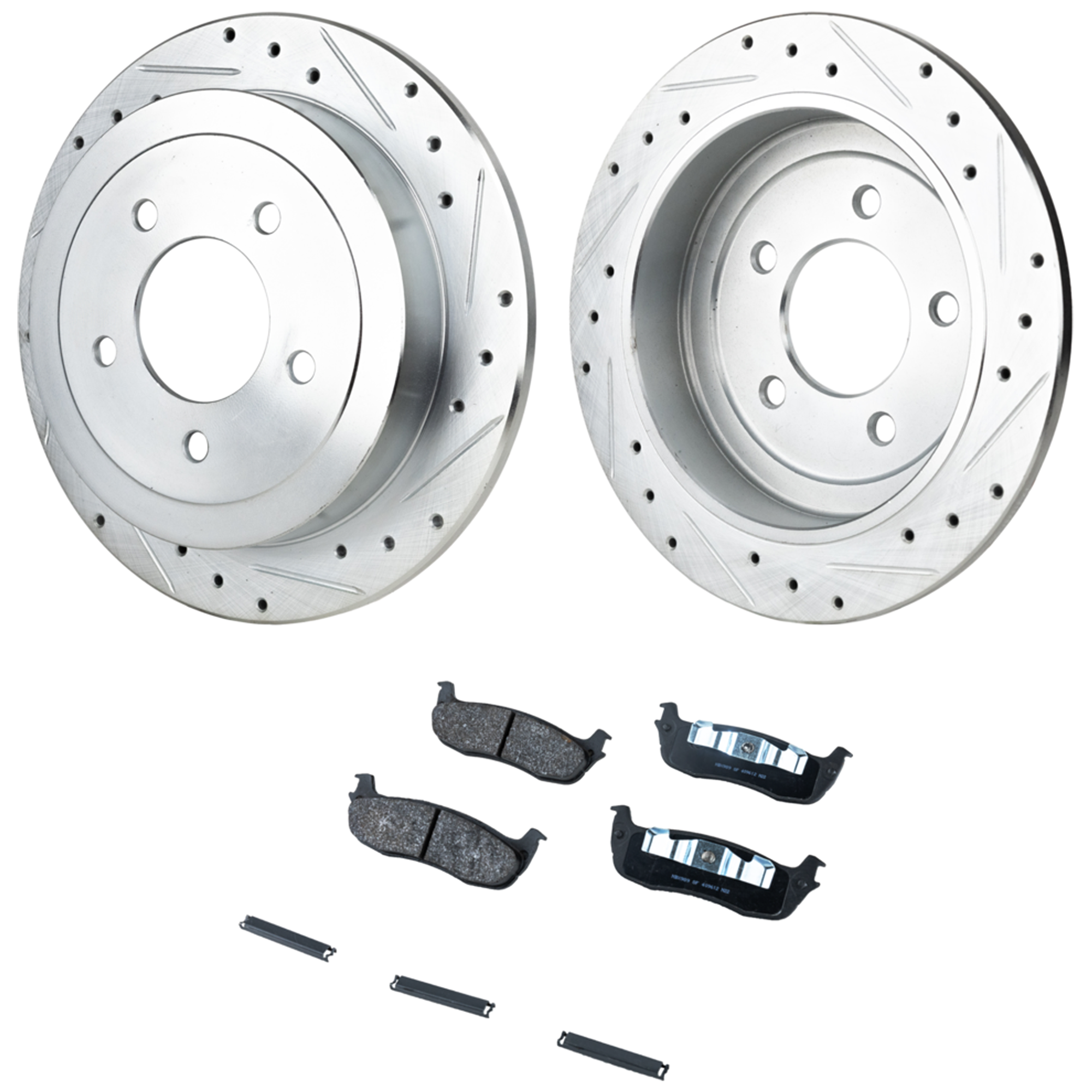 AM EXPEDITION 99-02 F 150-00-03 REAR BRAKE DISC AND PAD KIT Cross drilled and Slotted 5 Lugs 4 pc Kit SKU KIT 020923-23 OEM 19910-54090-66947-102631-14529