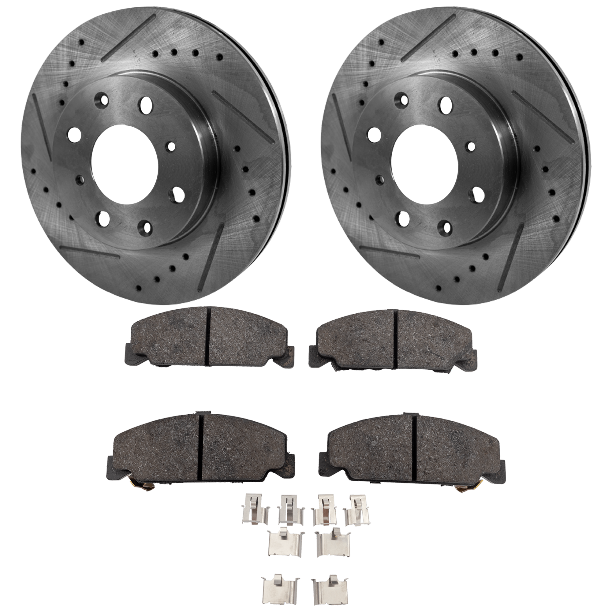 AM CIVIC 96-00 FRONT BRAKE DISC AND PAD KIT Cross drilled and Slotted 4 pc kit SKU KIT 020923-27 OEM 141-19740-25507-31029-63275-86