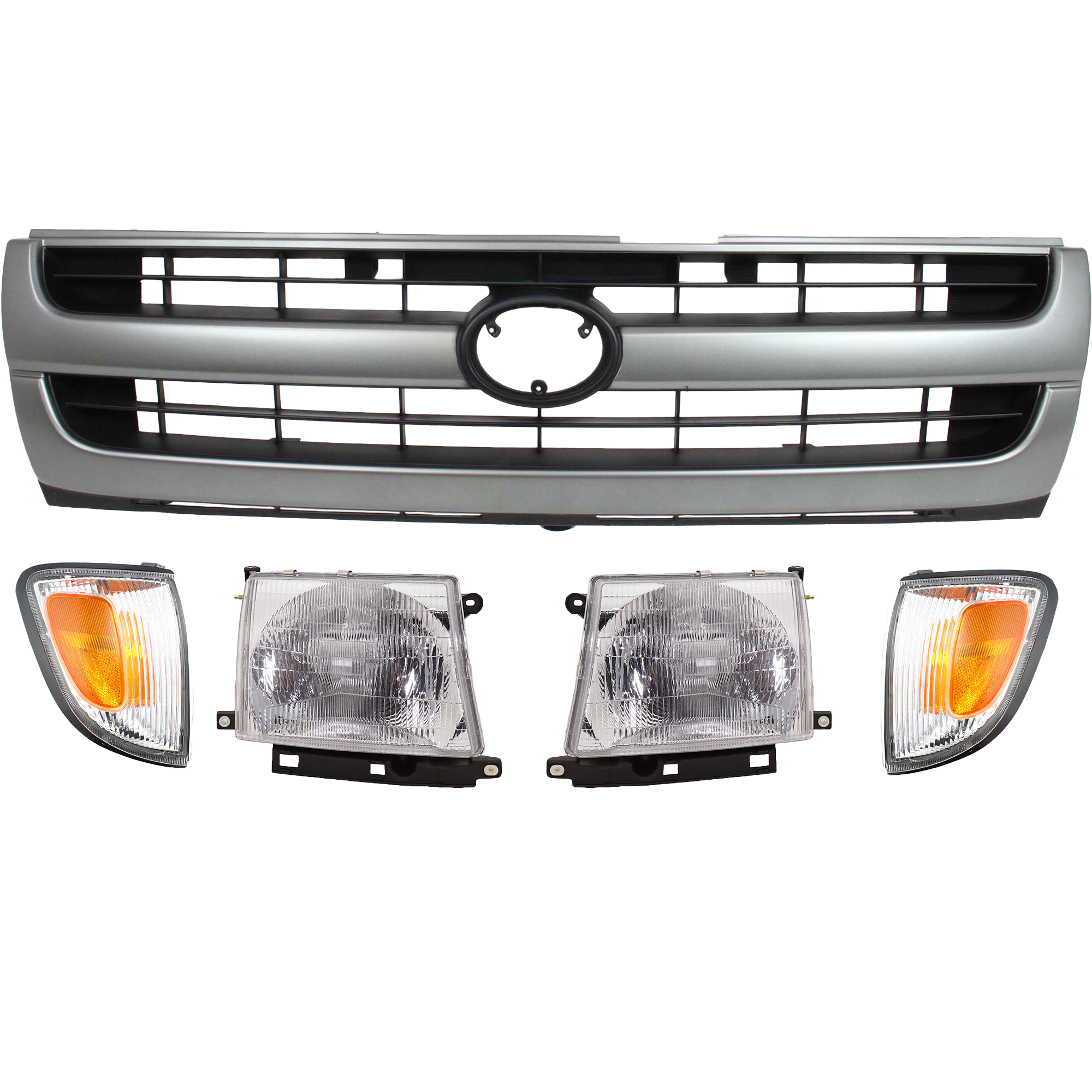 AM TACOMA 97-00 HEAD LAMP RH AND LH Assembly Halogen 5 pc Kit with Corner Lights and Grille Assembly SKU KIT 021116-01 Partslink TO2503120 TO2502120 TO2520155 TO2521155 TO1200204 OEM 8111004090-8115004090-81620040