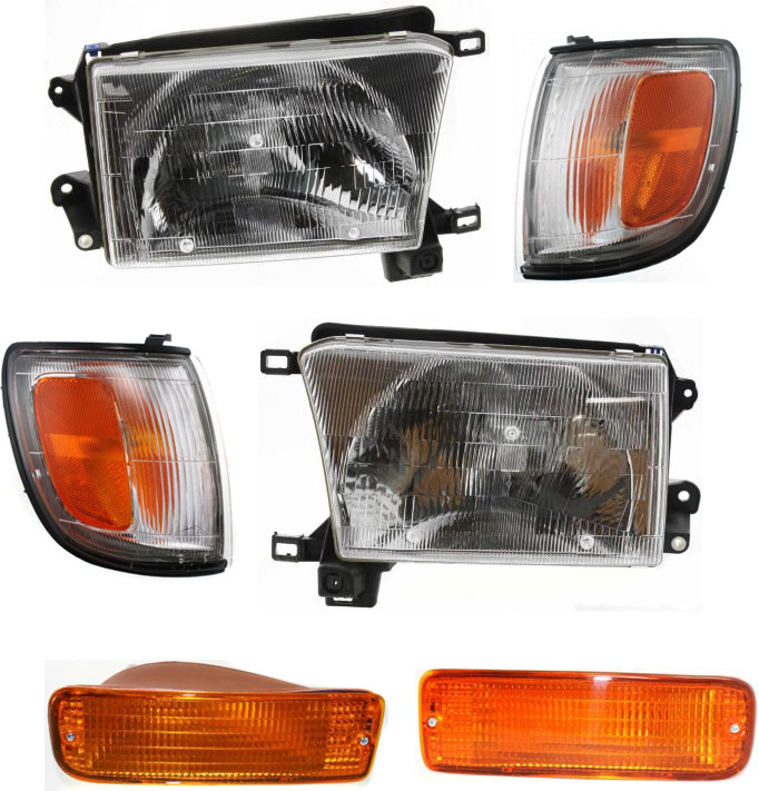 AM 4RUNNER 96-97 HEAD LAMP RH AND LH with Bulbs 6 pc Kit with Corner Light and Turn Signal Light SKU KIT 021116-03 Partslink TO2503118 TO2502118 TO2520148 TO2521148 TO2530125 TO2531125 OEM 8111035231-8115035211-81620353