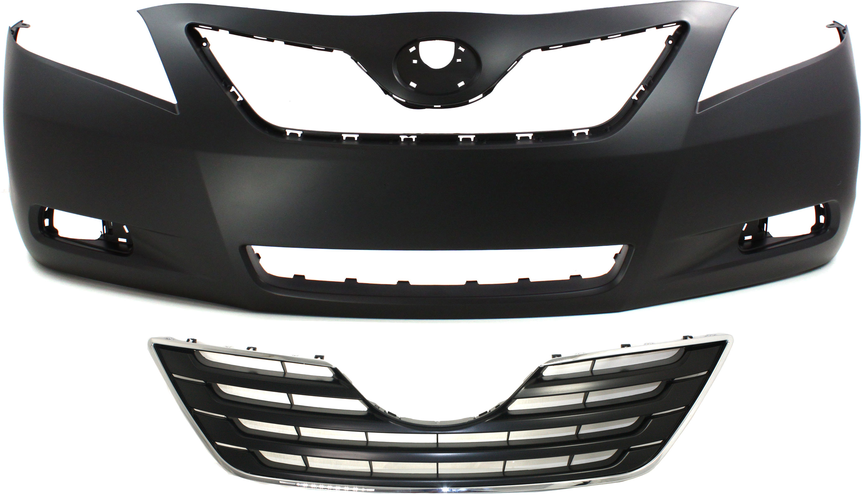 AM CAMRY 07-09 FRONT BUMPER COVER Primed 2 pc Kit with Grille USA Built XLE Models SKU KIT 021118-03 Partslink TO1000329 TO1200289 OEM 5211906919-5310106080C0
