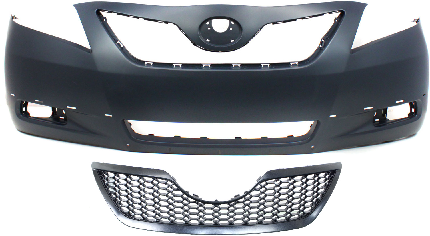 AM CAMRY 07-09 FRONT BUMPER COVER 2 pc Kit Primed w Fog Light Holes w o parking aid sensor holes with Grille SKU KIT 021118-06 Partslink TO1000318 TO1200291 OEM 5211906921-5310106180C0