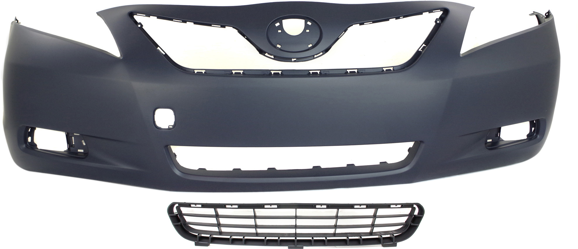 AM CAMRY 07-09 FRONT BUMPER COVER Primed 2 pc Kit with Bumper Grille SKU KIT 021118-07 Partslink TO1000327 TO1036103 OEM 5211933943-5311206010
