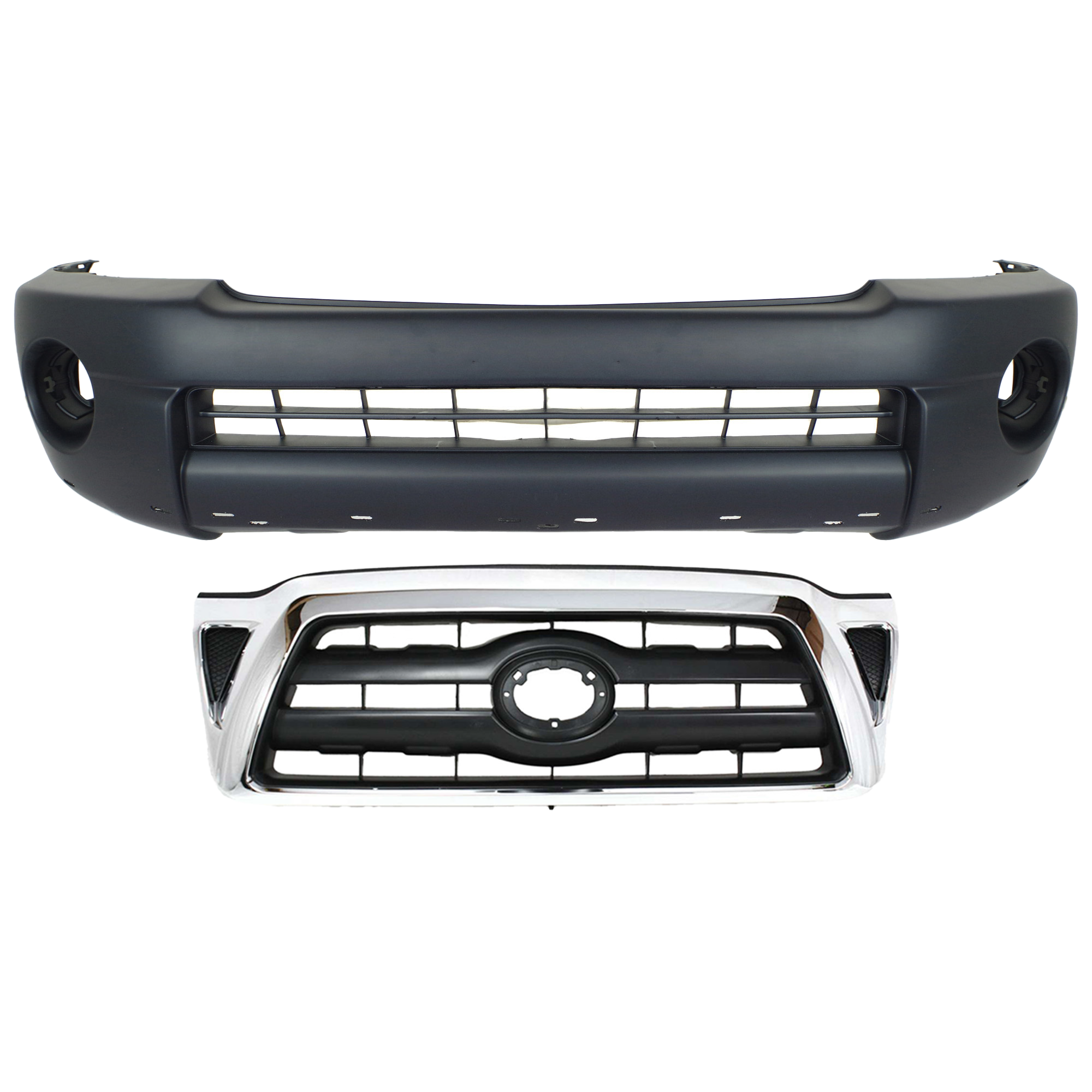 AM TACOMA 05-08 FRONT BUMPER COVER 2 pc Kit Textured 4WD Base PreRunner Models with Grille SKU KIT 021118-106 Partslink TO1000302 TO1200268 OEM 5211904040-5310004360