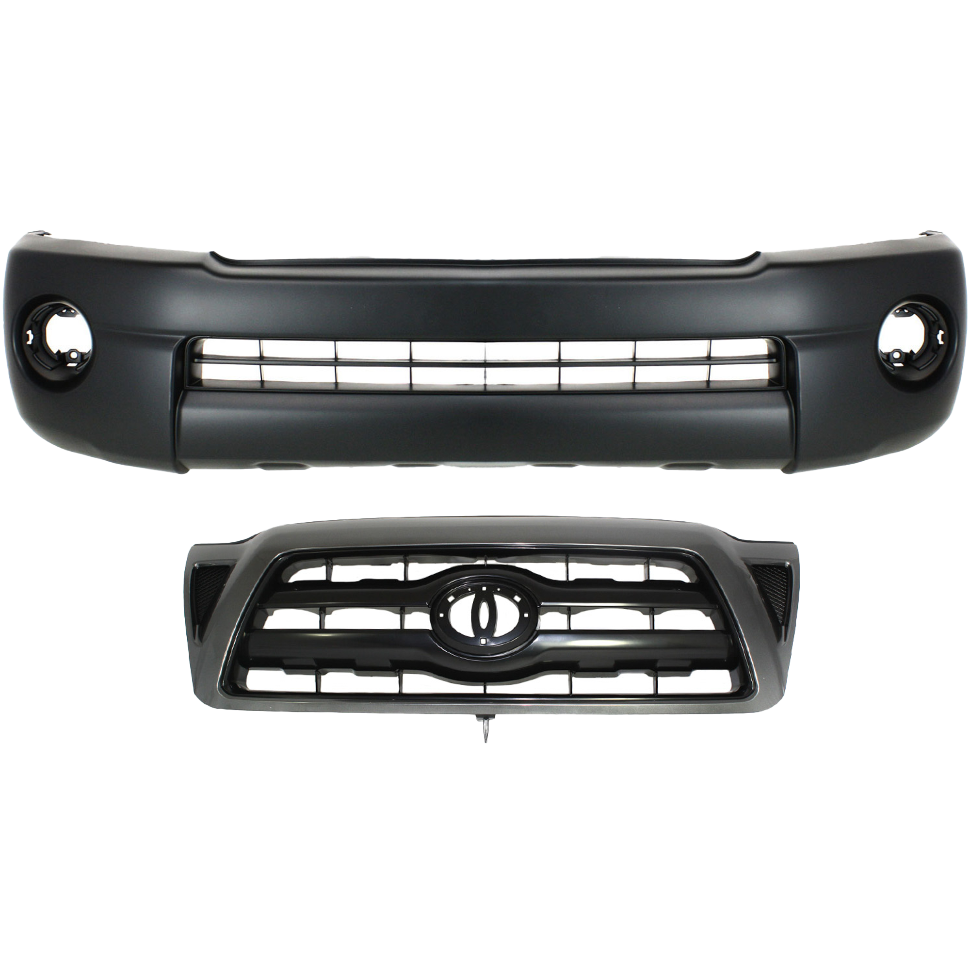 AM TACOMA 05-10 FRONT BUMPER COVER 2 pc Kit Textured 4WD Base PreRunner Models with Grille SKU KIT 021118-107 Partslink TO1000302 TO1200279 OEM 5211904040-5310004370C0