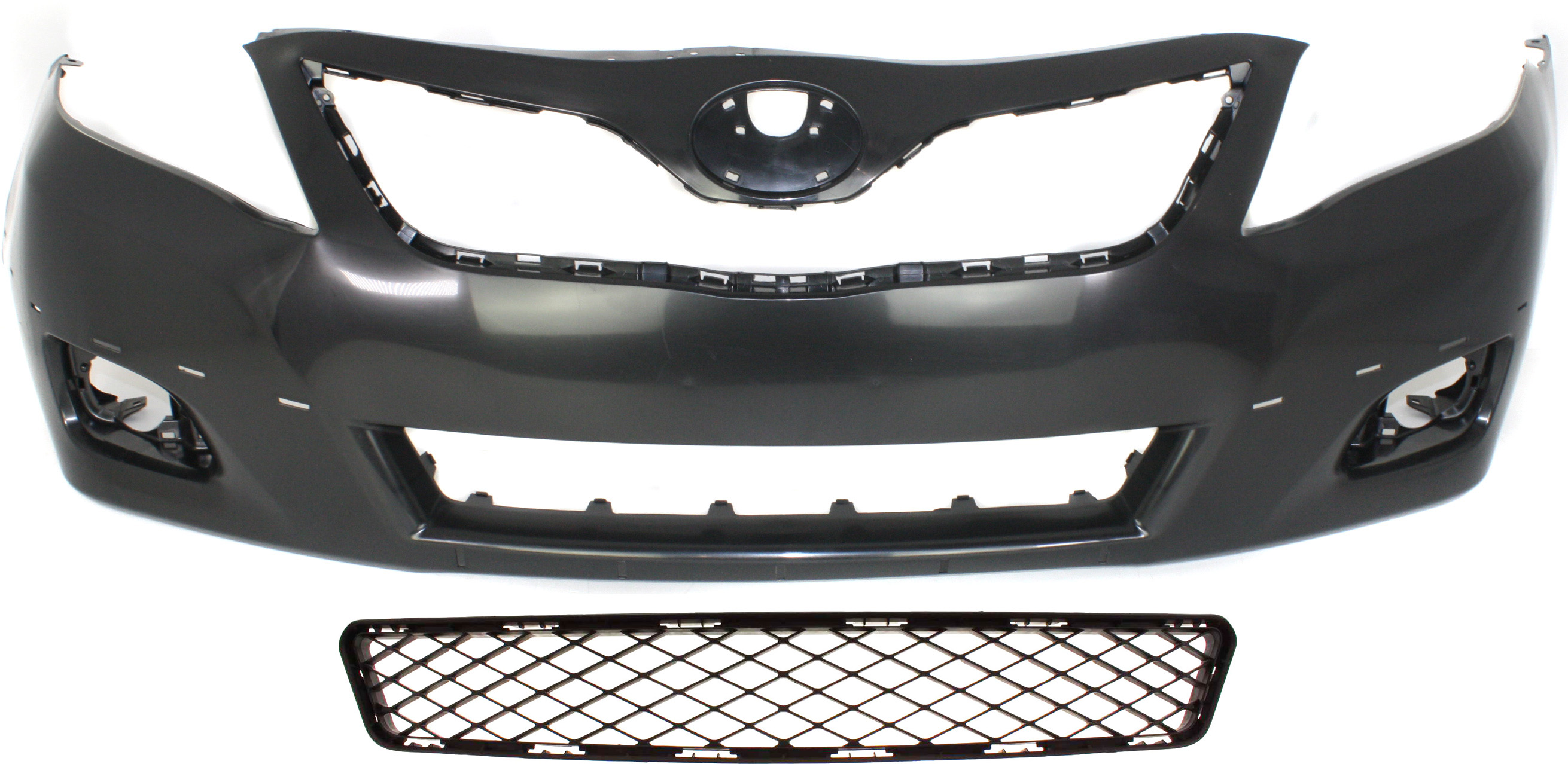 AM CAMRY 10-11 FRONT BUMPER COVER Primed w Fog Light Holes 2 pc Kit with Bumper Grille SKU KIT 021118-11 Partslink TO1000355 TO1036123 OEM 5211906959-5311206170