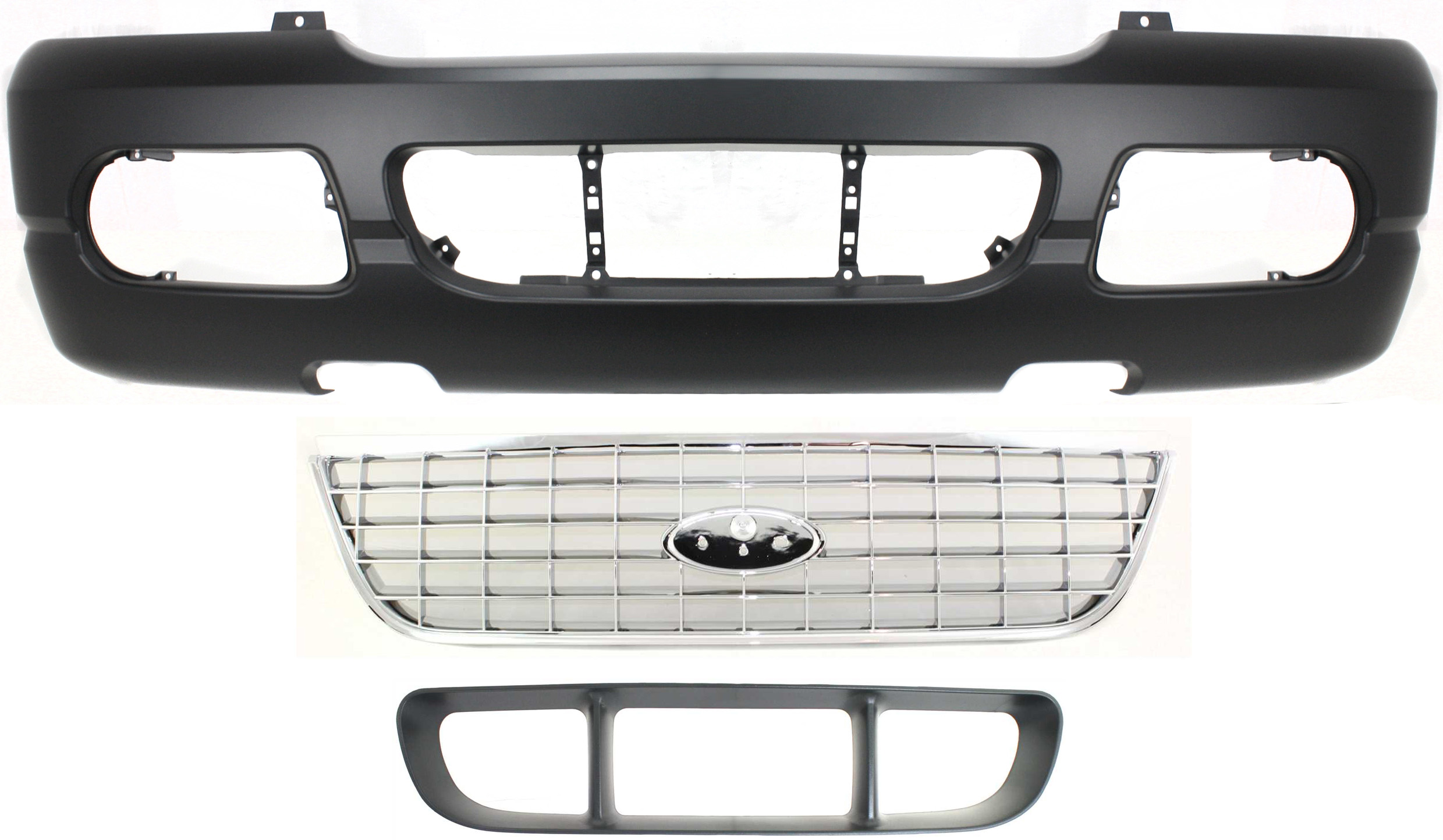 AM EXPLORER 04-05 FRONT BUMPER COVER Primed w Fog Light Holes 3 pc Kit with Bumper Grille and Grille SKU KIT 021118-132 Partslink FO1000563 FO1036107 FO1200402 OEM 4L2Z17D957CAPTM 1L2Z17K945AAA