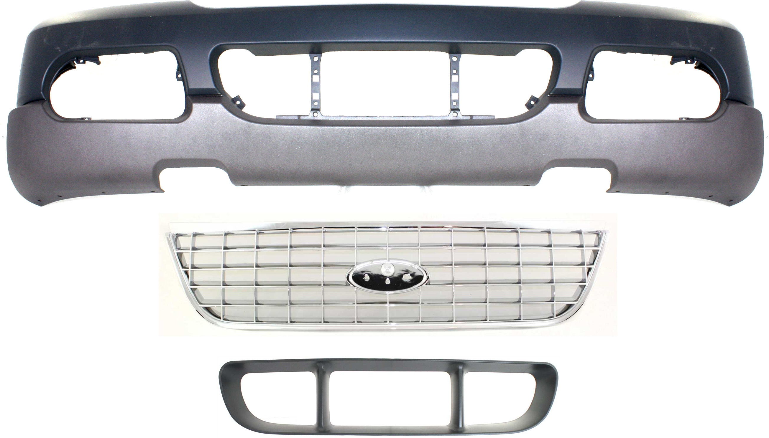 AM EXPLORER 03-03 FRONT BUMPER COVER 3 pc kit Primed top Textured Bottom w Fog Light Holes w o parking aid sensor holes with Bumper Grille and Grille SKU KIT 021118-134 Partslink FO1003114 FO1036107 FO1200402 OEM 3L2Z17D957PC 1L2Z17K945AAA Per