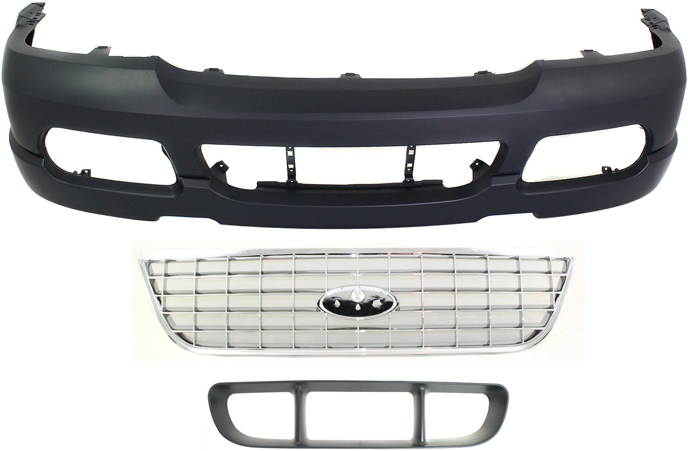 AM EXPLORER 02-05 FRONT BUMPER COVER 3 pc Kit Primed w Fog Light Holes w o parking aid sensor holes with Bumper Grille and Grille SKU KIT 021118-136 Partslink FO1000496 FO1036107 FO1200402 OEM 2L2Z17D957SAPTM 1L2Z17K945AAA